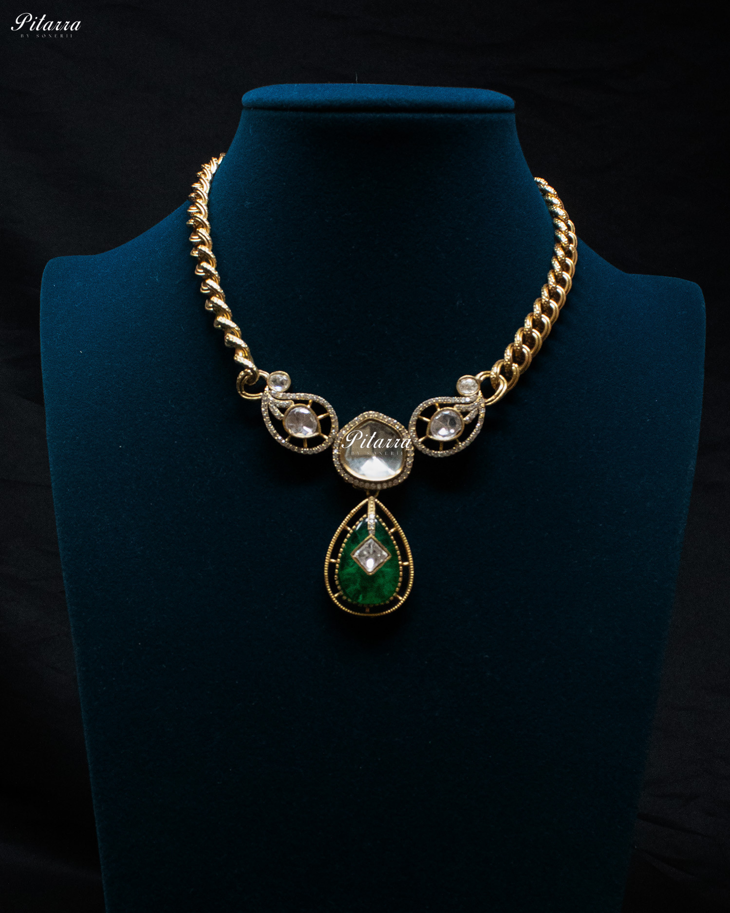 Emerald Drop Kundan Necklace Set with Matching Earrings