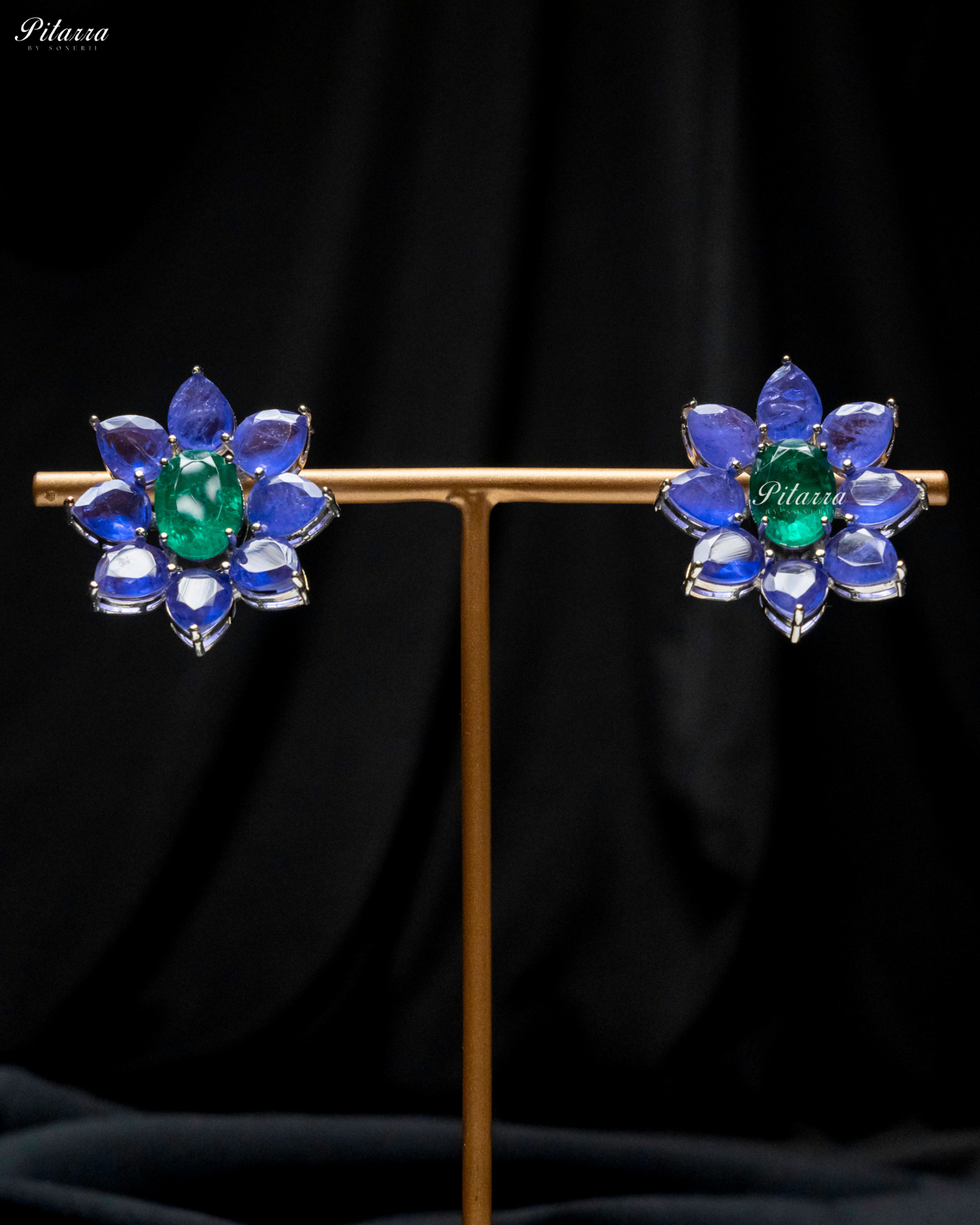 Emerald Floral Cobalt Blue Petals CZ Crystal Stud Earrings