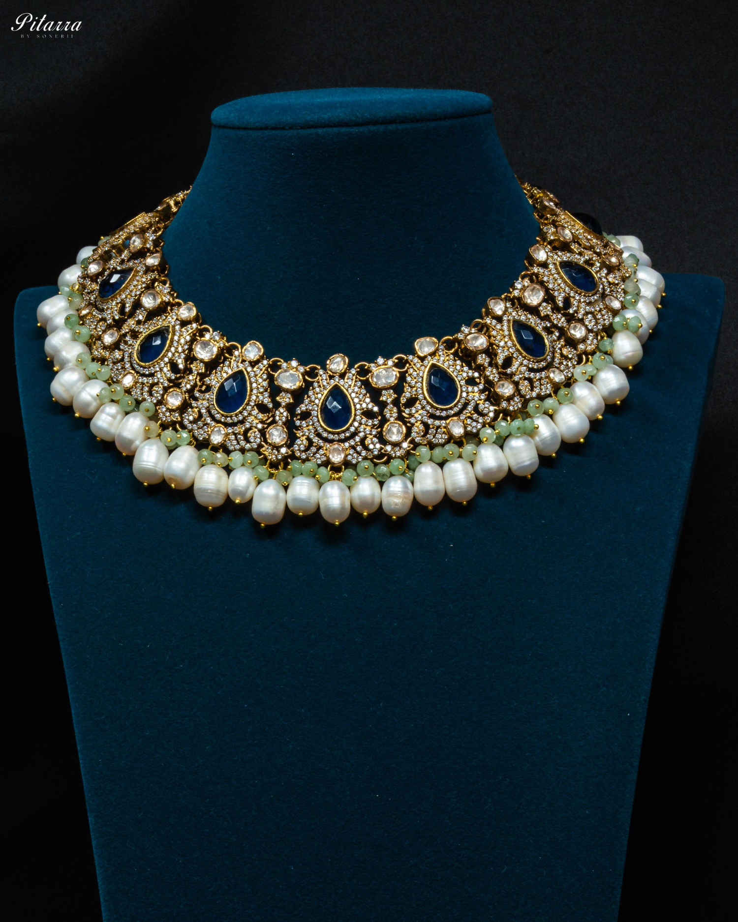 White Pearl Blue Stone Pitarra Kundan Necklace