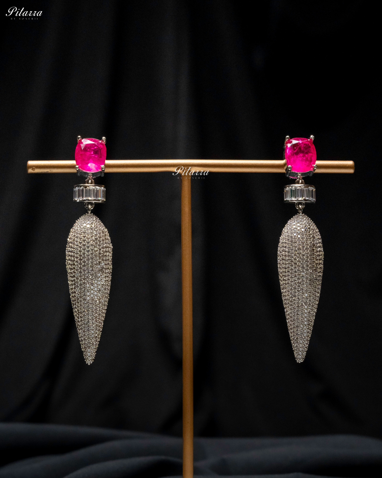 Pink Stone Shiny Teardrop Crystal Dangler Earrings