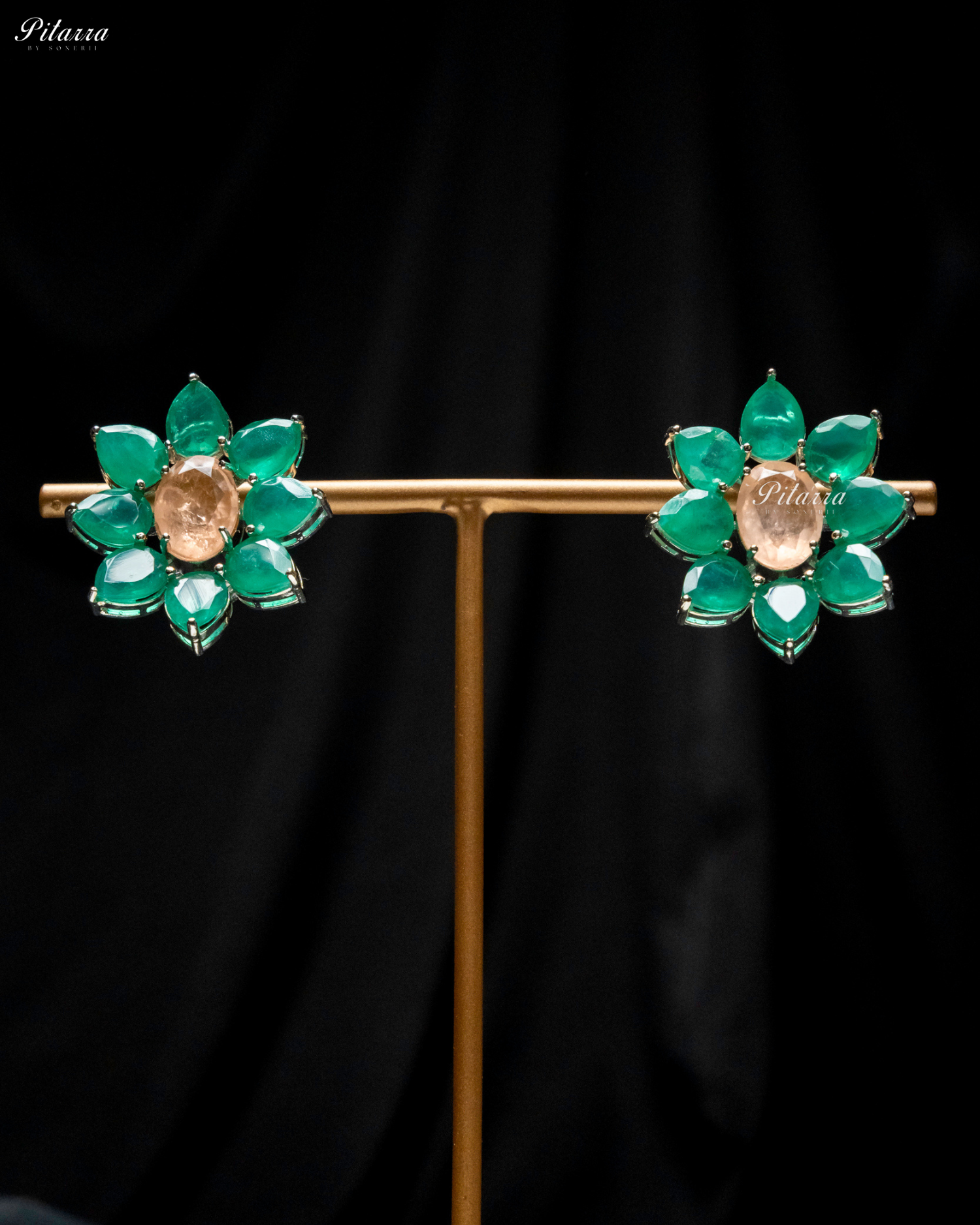 Peach Floral Green Petals CZ Doublet Stud Earrings