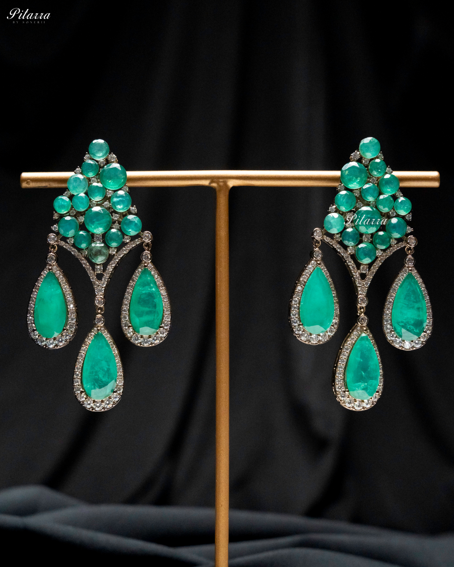 Mint Green Stone Three Teardrop CZ Doublet Dangler Earrings