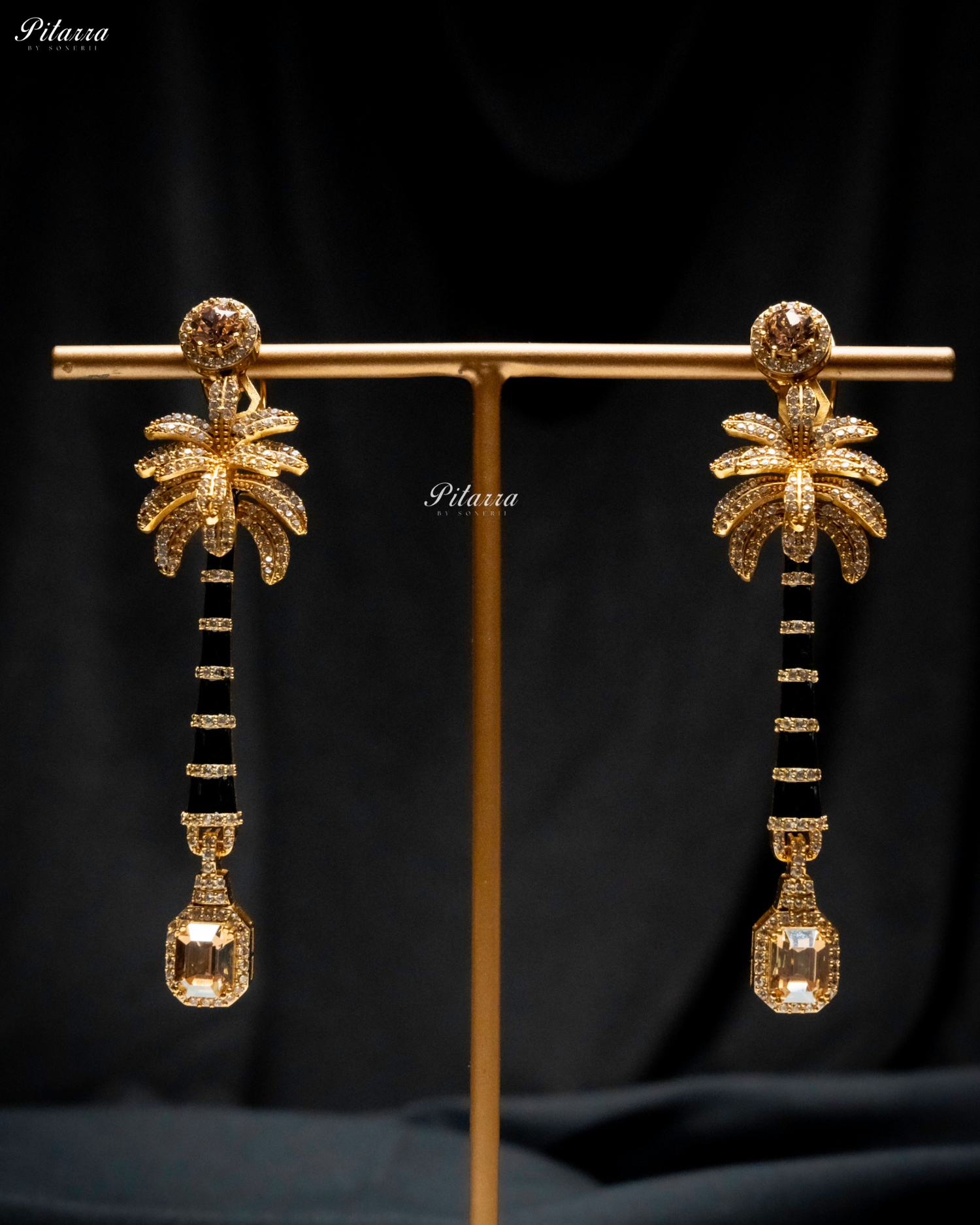 Golden and Golden Stone Palm Tree Crystal Earrings