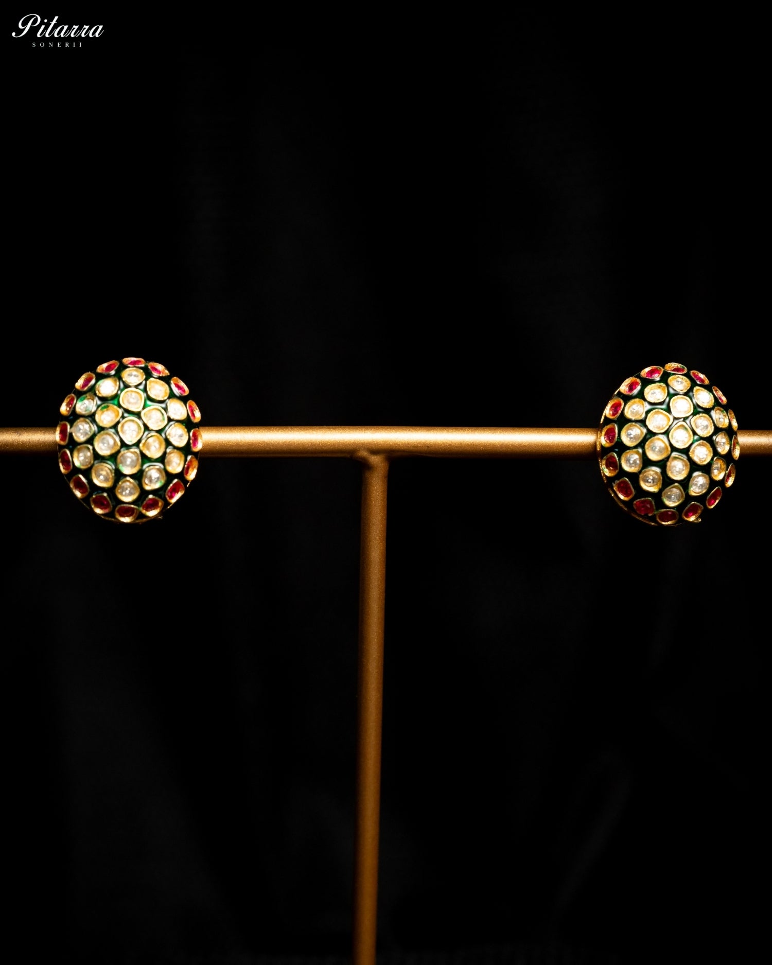 Ruby Diamond Green Enamel Dome Stud Earrings