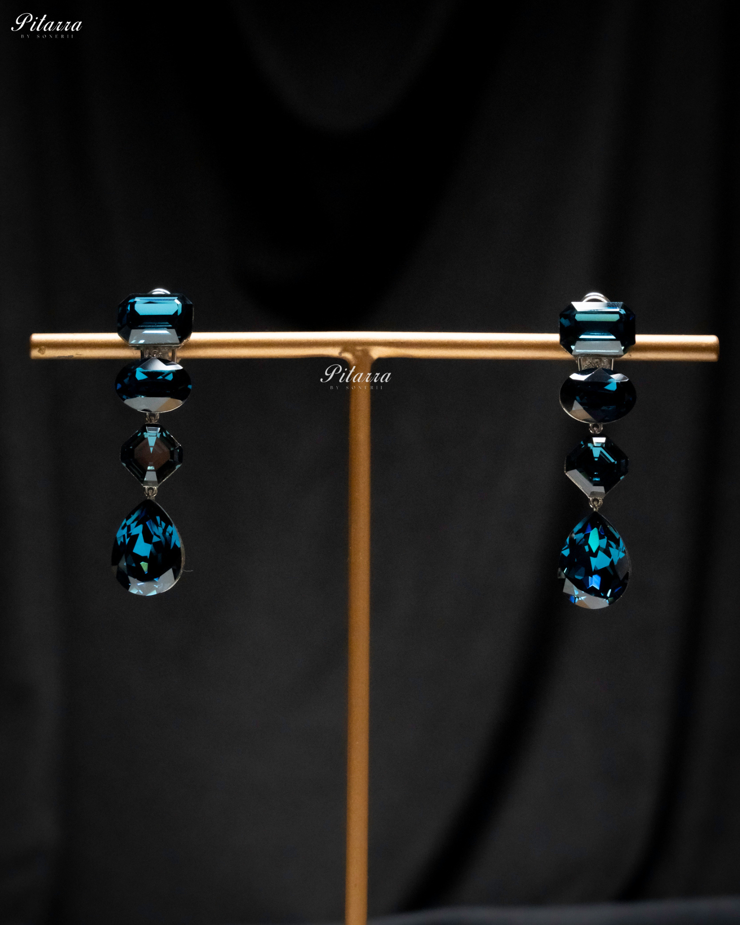 Navy Blue Stone Studded Geometric Crystal Drop Earrings