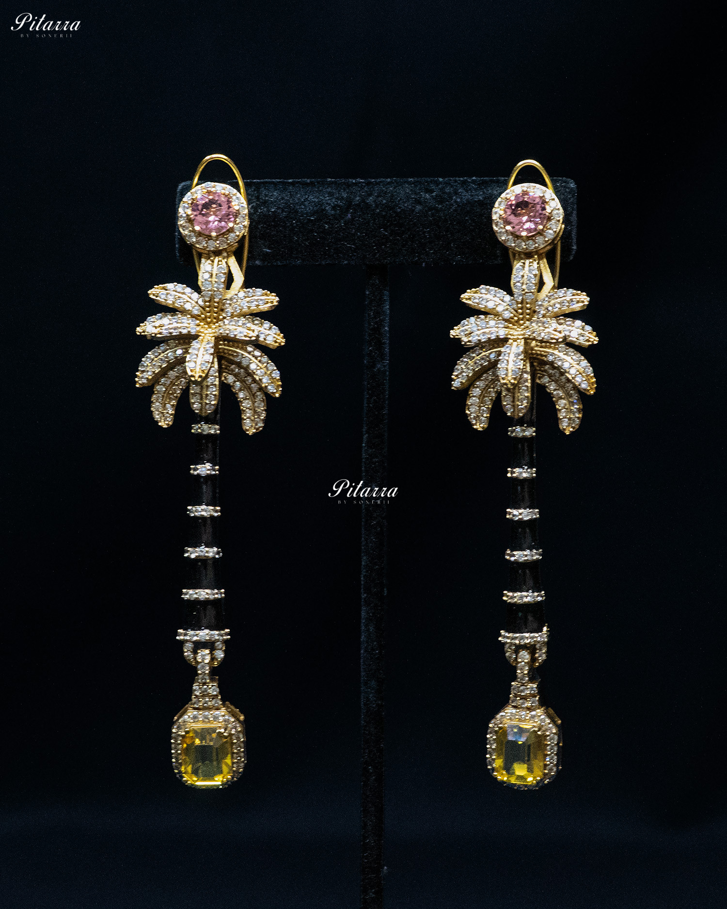 Pink and Yellow Stone Palm Tree Crystal Earrings