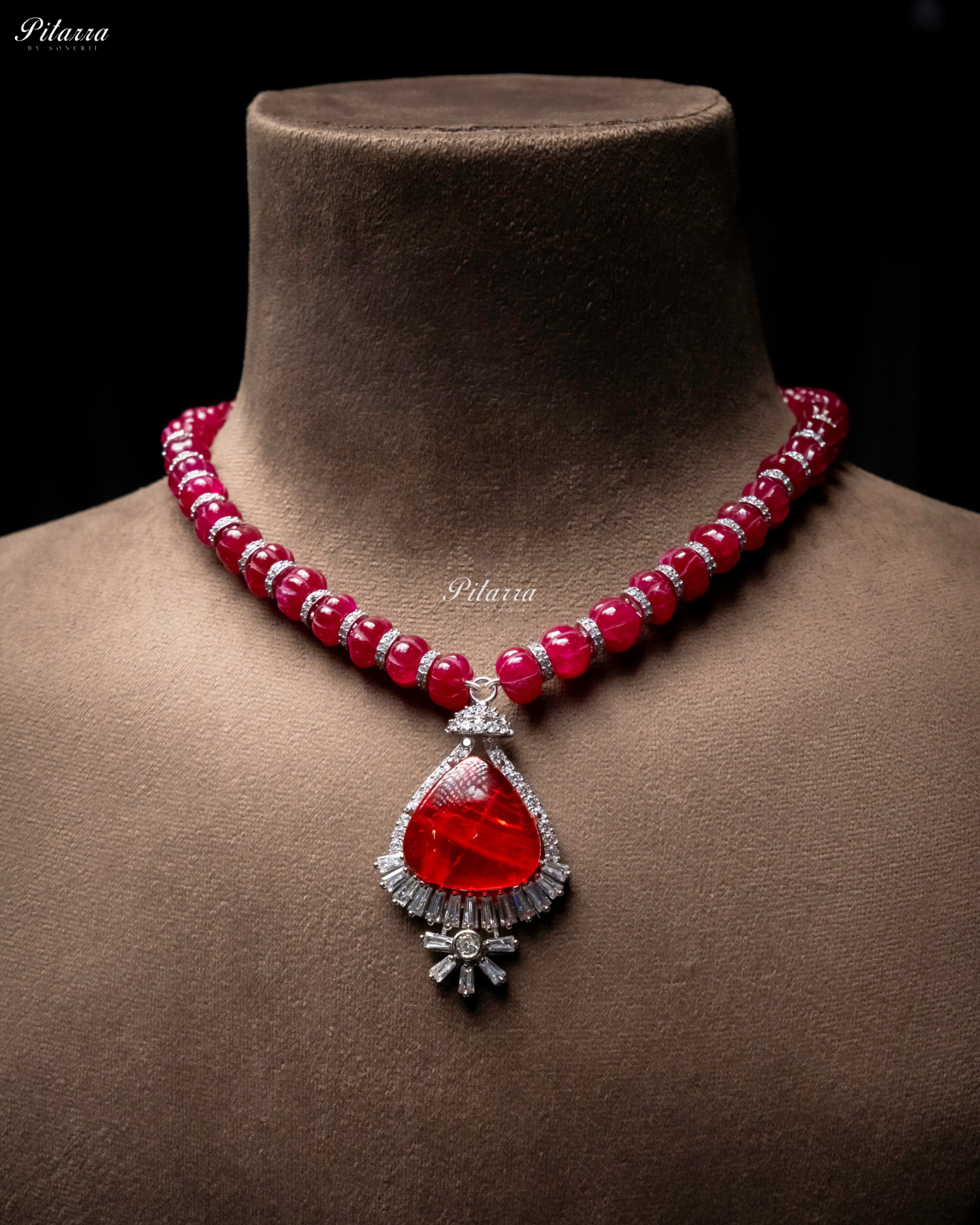 Red Stone Red Cultured Pearl Pendent Necklace Set