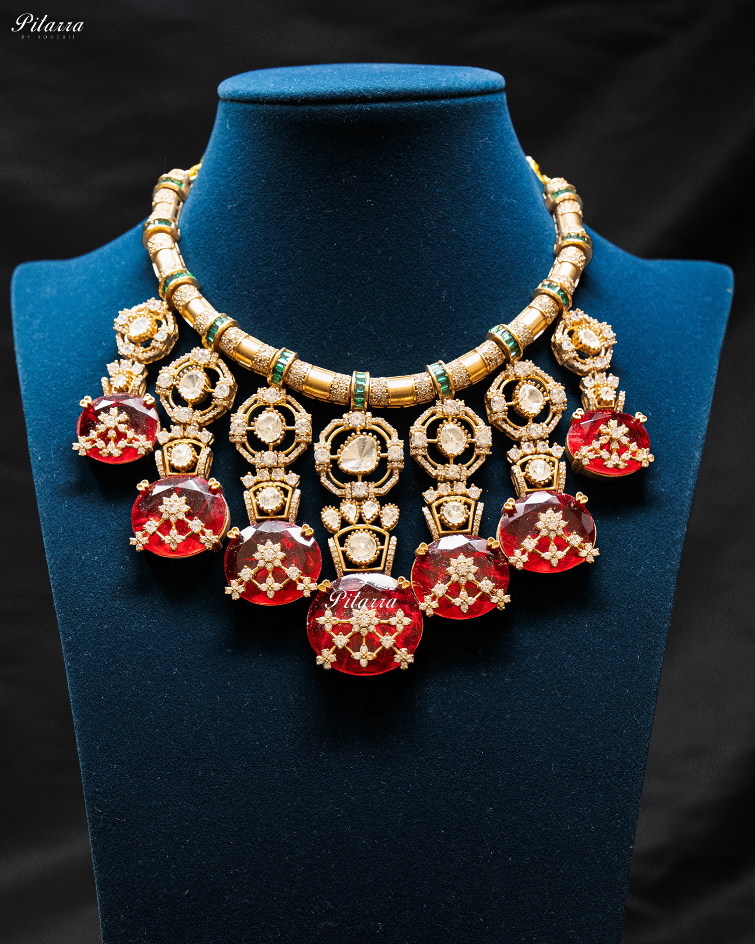 Red Big Stone Victorian Polki Kundan Necklace Set