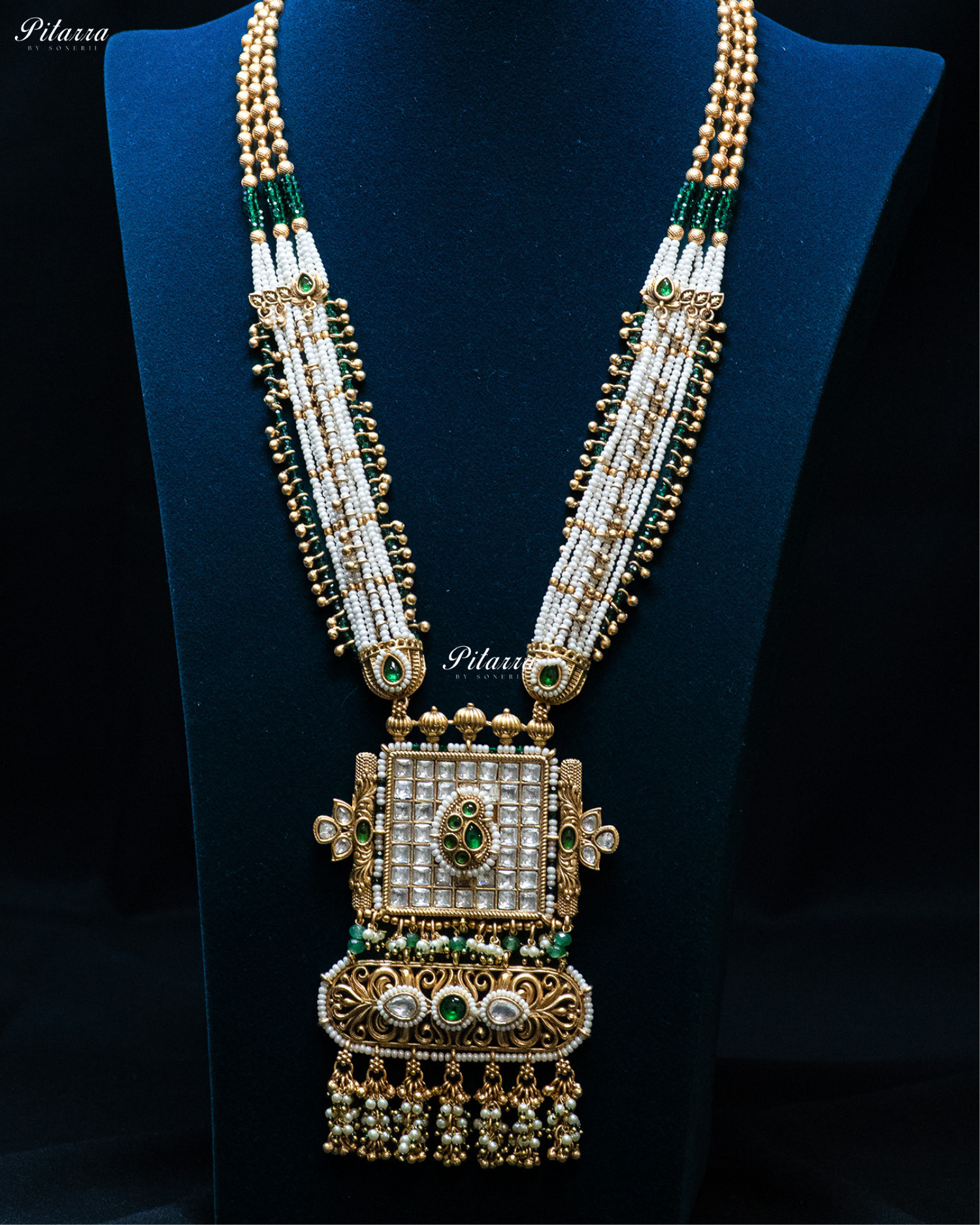 Golden Green Stone Multi Strand Long Kundan Necklace Set