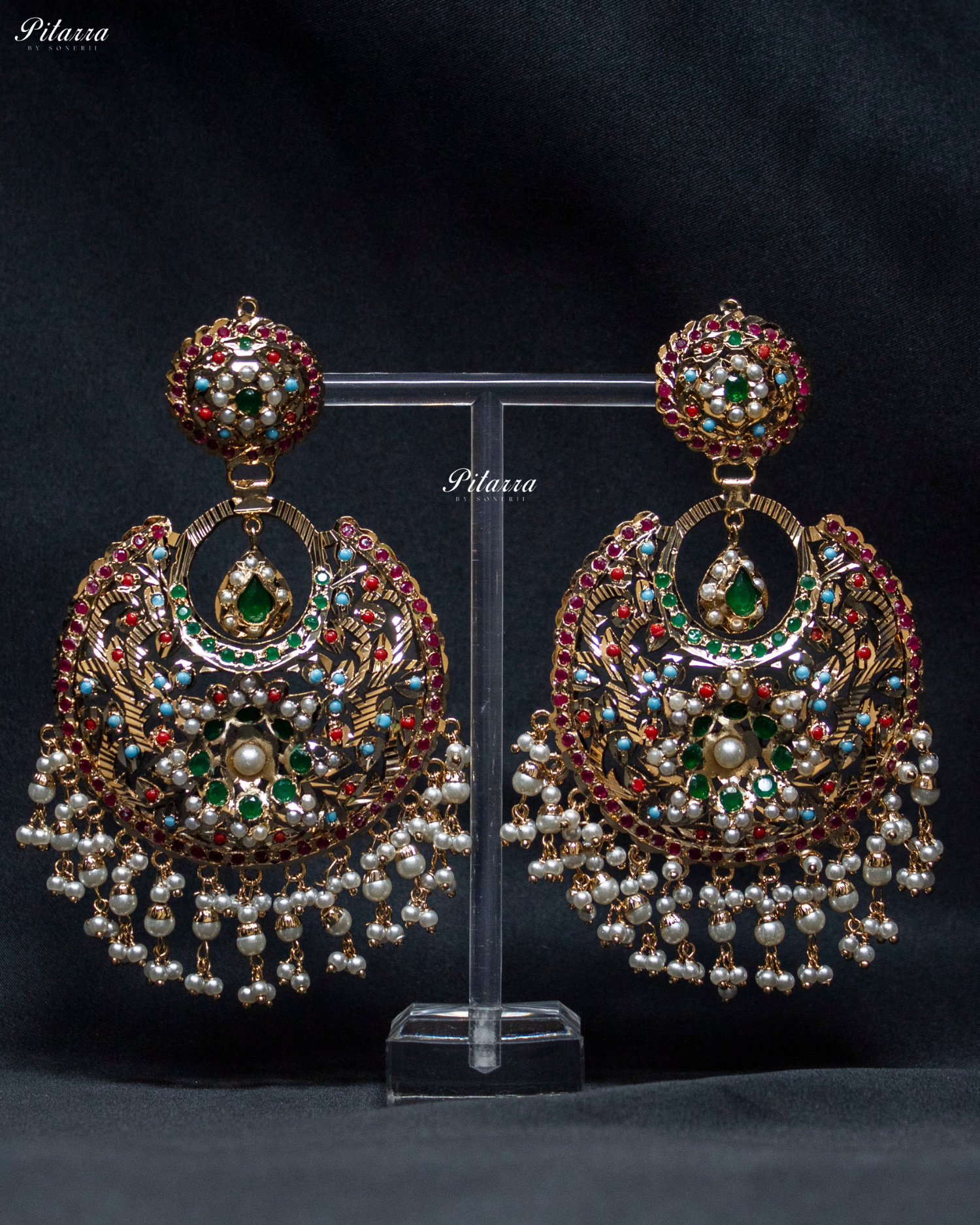 Emerald Stone Studded Punjabi Jadau Chandbali Earrings