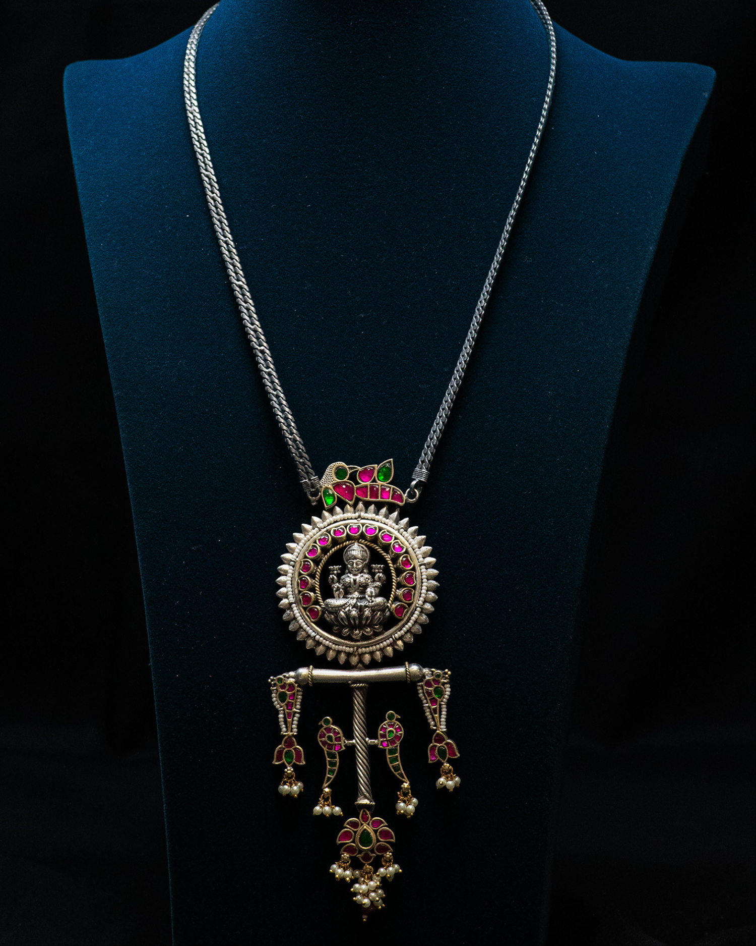 Layer Chain Green Stone Laxmi Silver Look Alike Pendant Set