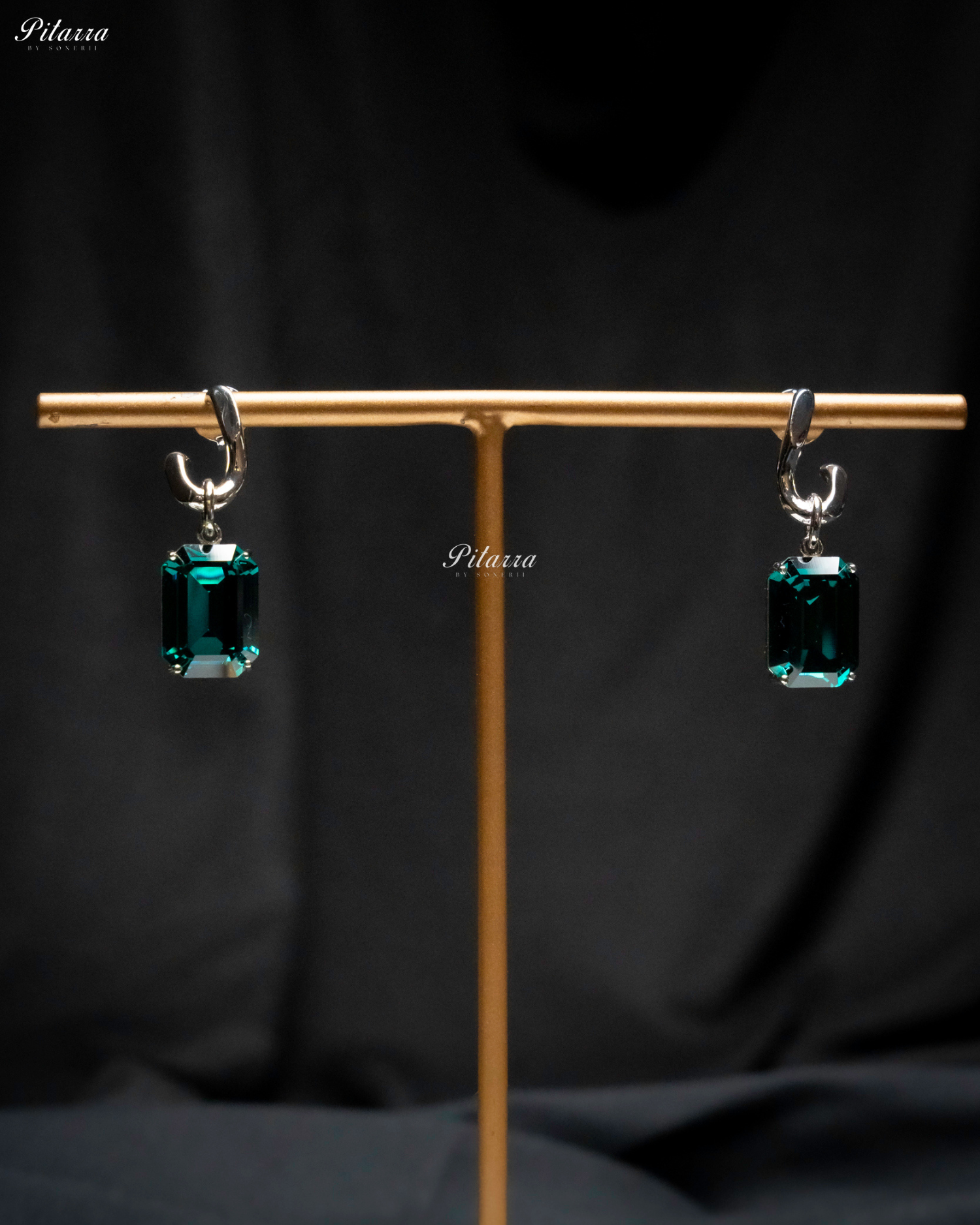 Emerald Stone Rectangular Zircon Silver Crystal Earrings