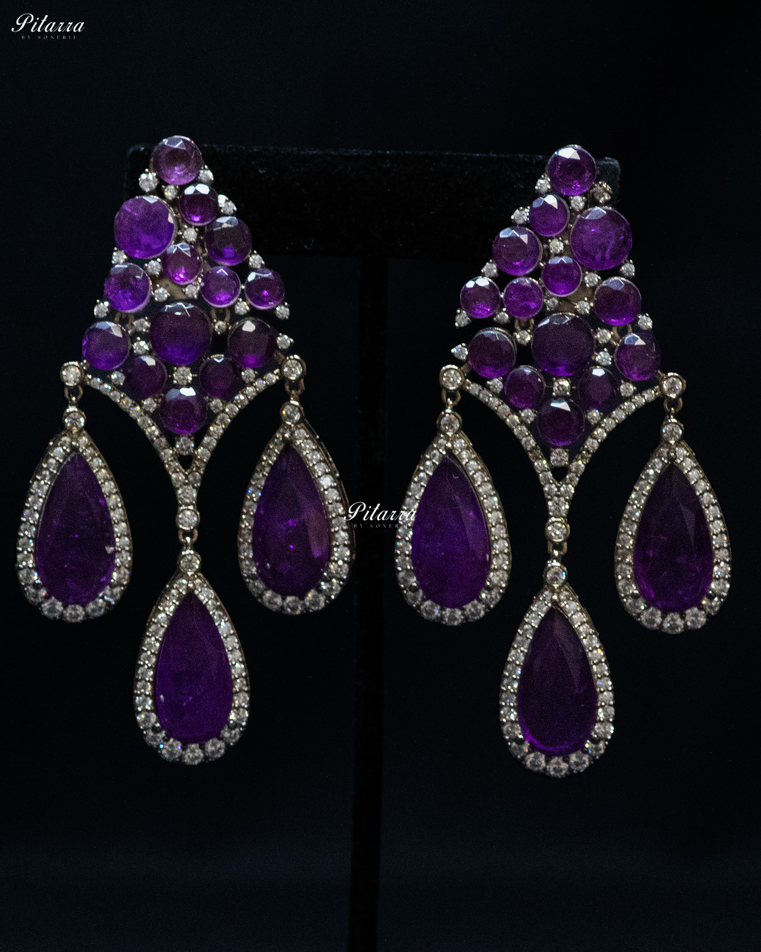 Purple Stone Three Teardrop Golden Finish CZ Crystal Dangler Earrings