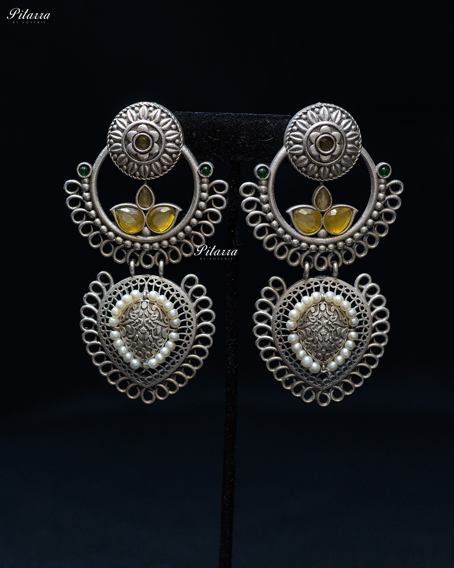 Yellow Stone White Pearl Silver Look Alike Dangler Earrings