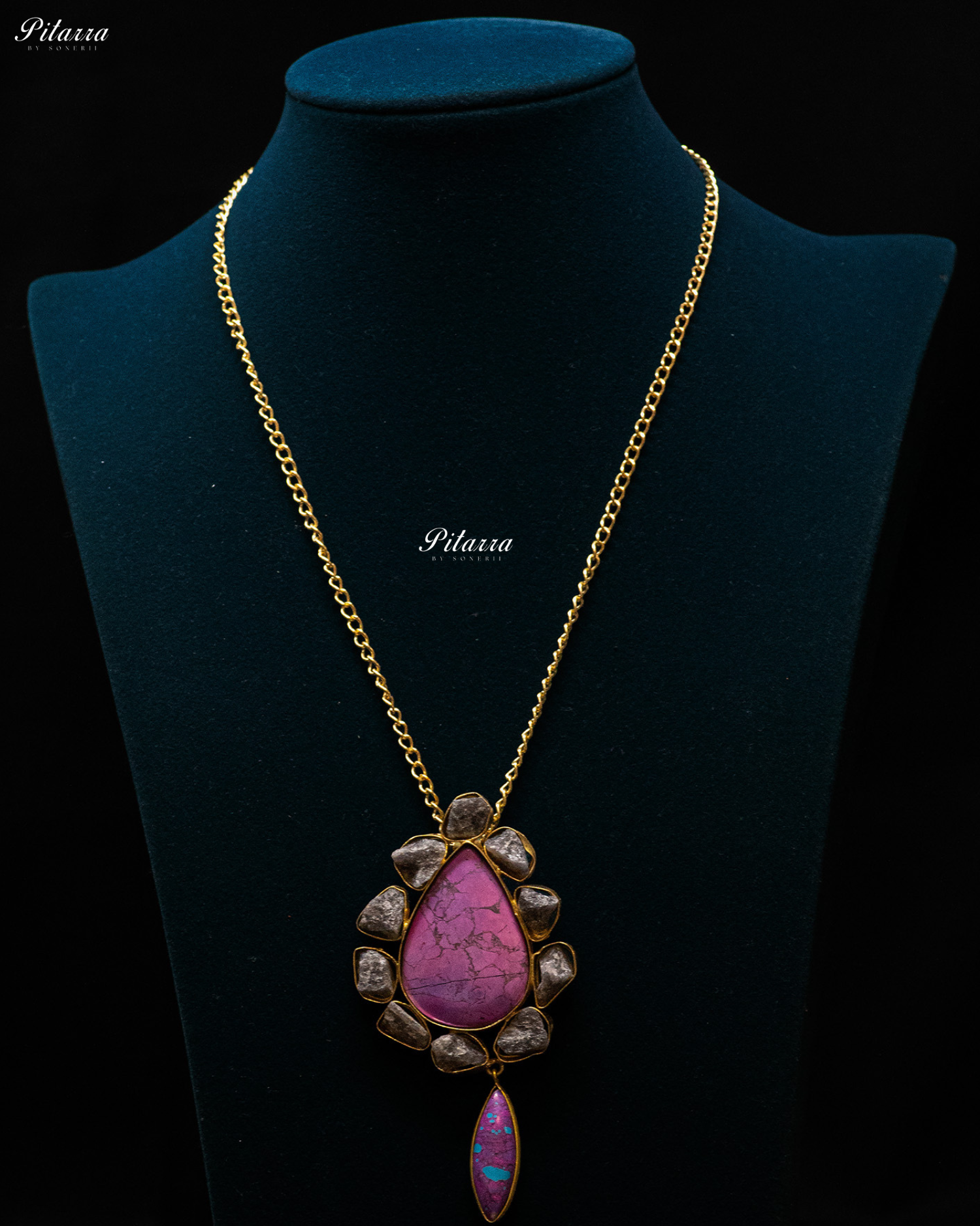 Gold Finish Pear Shaped Purple Raw Stone Pendant