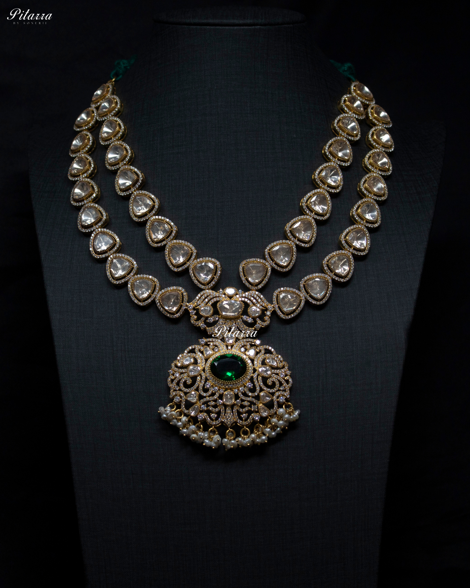 Victorian Double Layered Emerald Stone 92.5 Silver Necklace