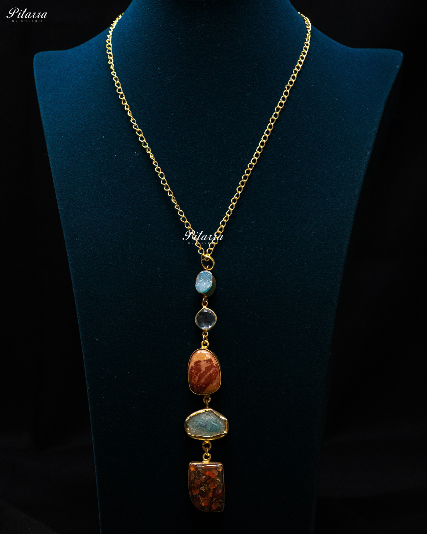 Red Blue Textured Circle Five Raw Stone Long Pendant