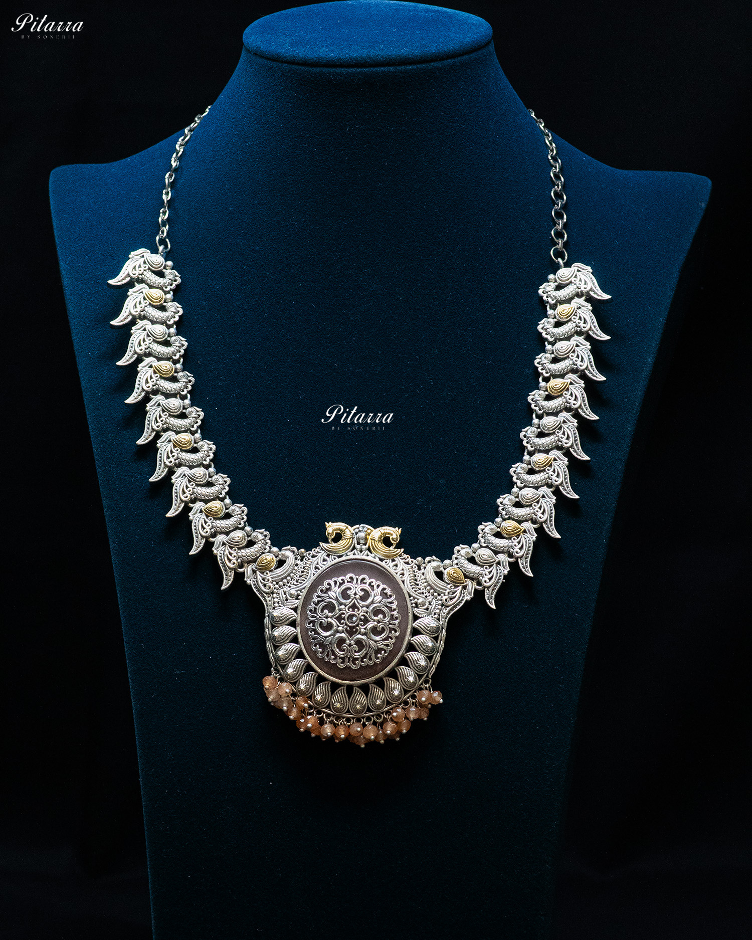 Dualtone Peacock with Peacock Chain Silver Look Alike Pendant Set