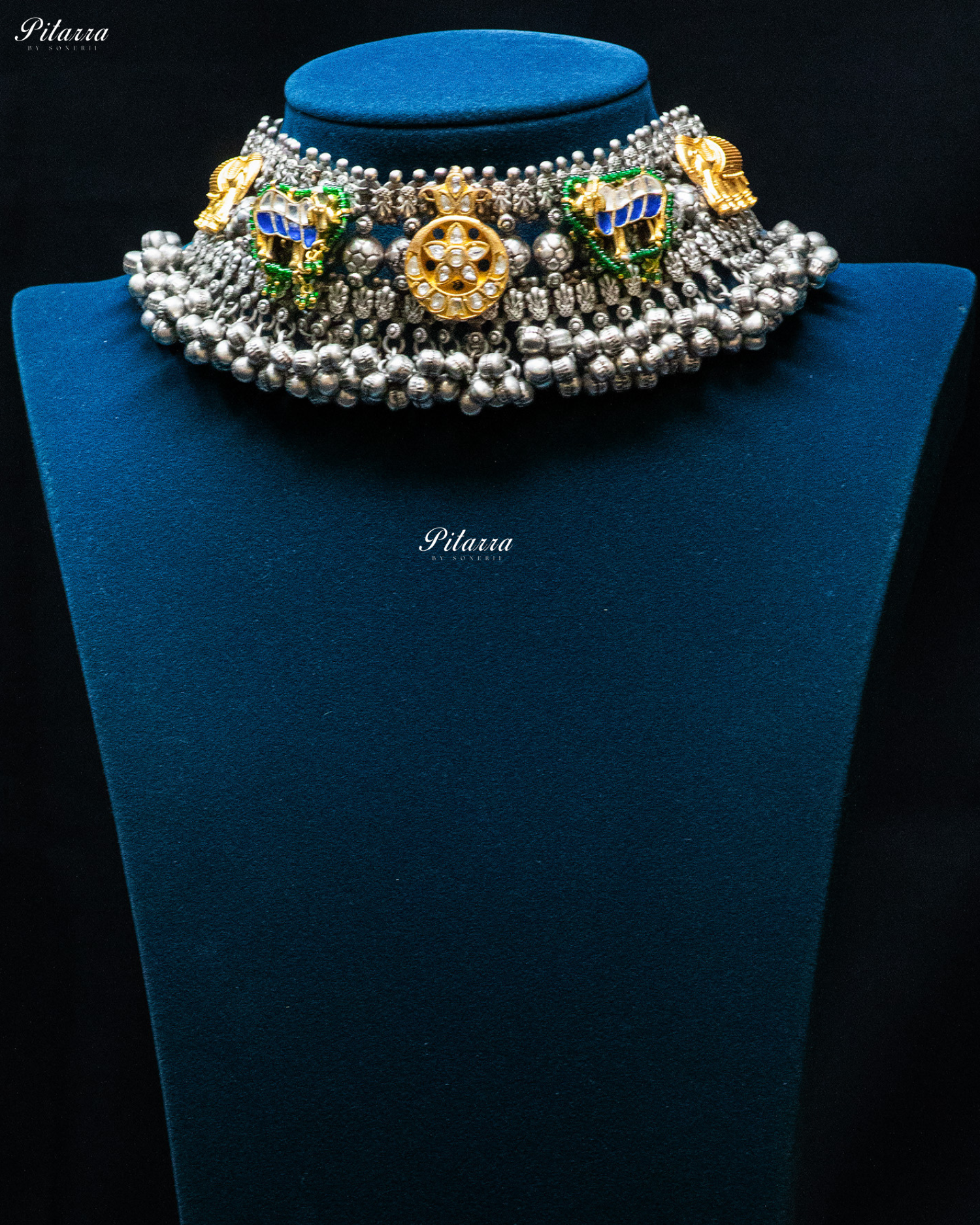White Flora Green Elephant Ghunghroo Silver Look Alike Choker Set