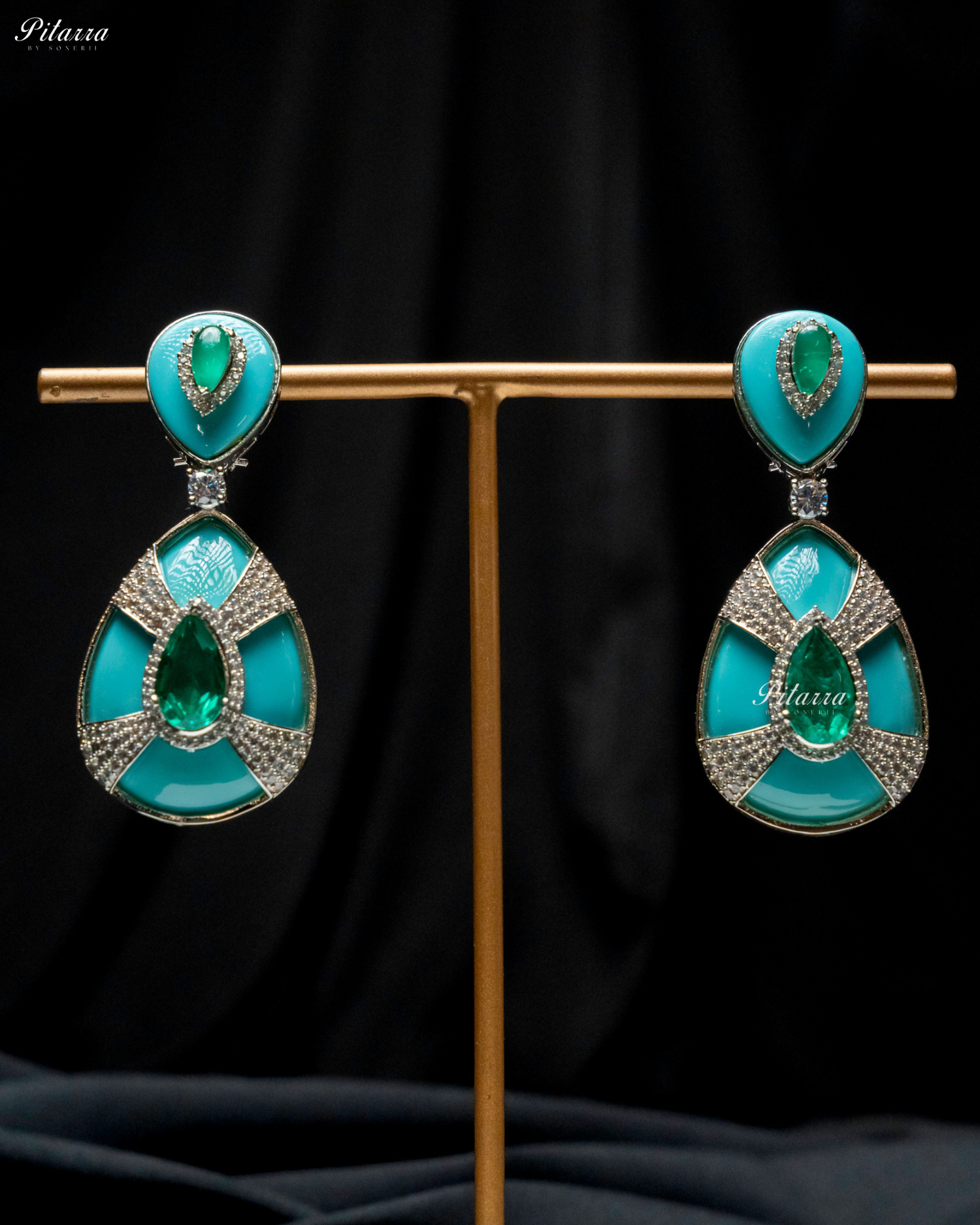 Turquoise Stone Emerald Drop Silver Line Crystal Dangler Earrings
