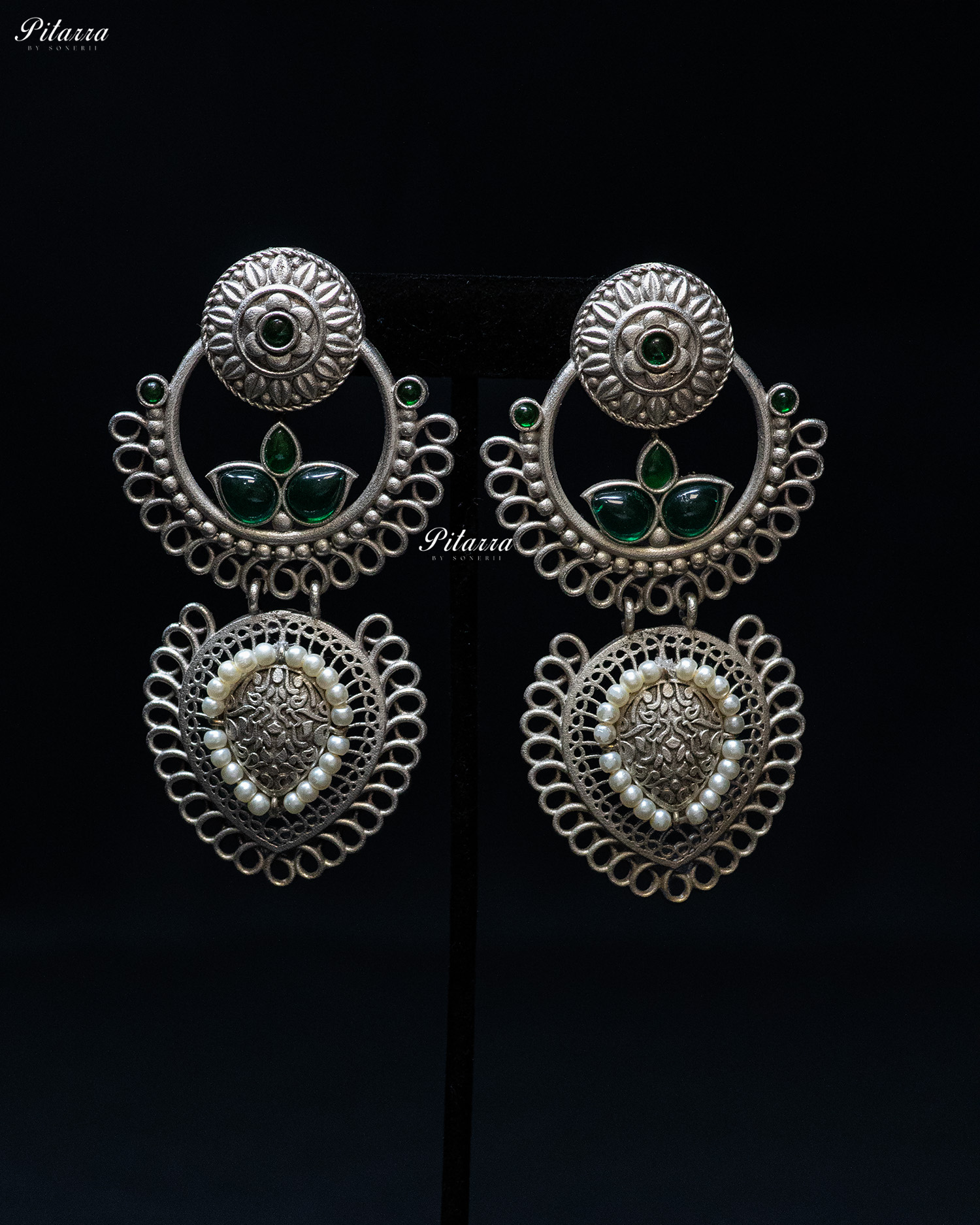 Dark Green Stone White Pearl Silver Look Alike Dangler Earrings