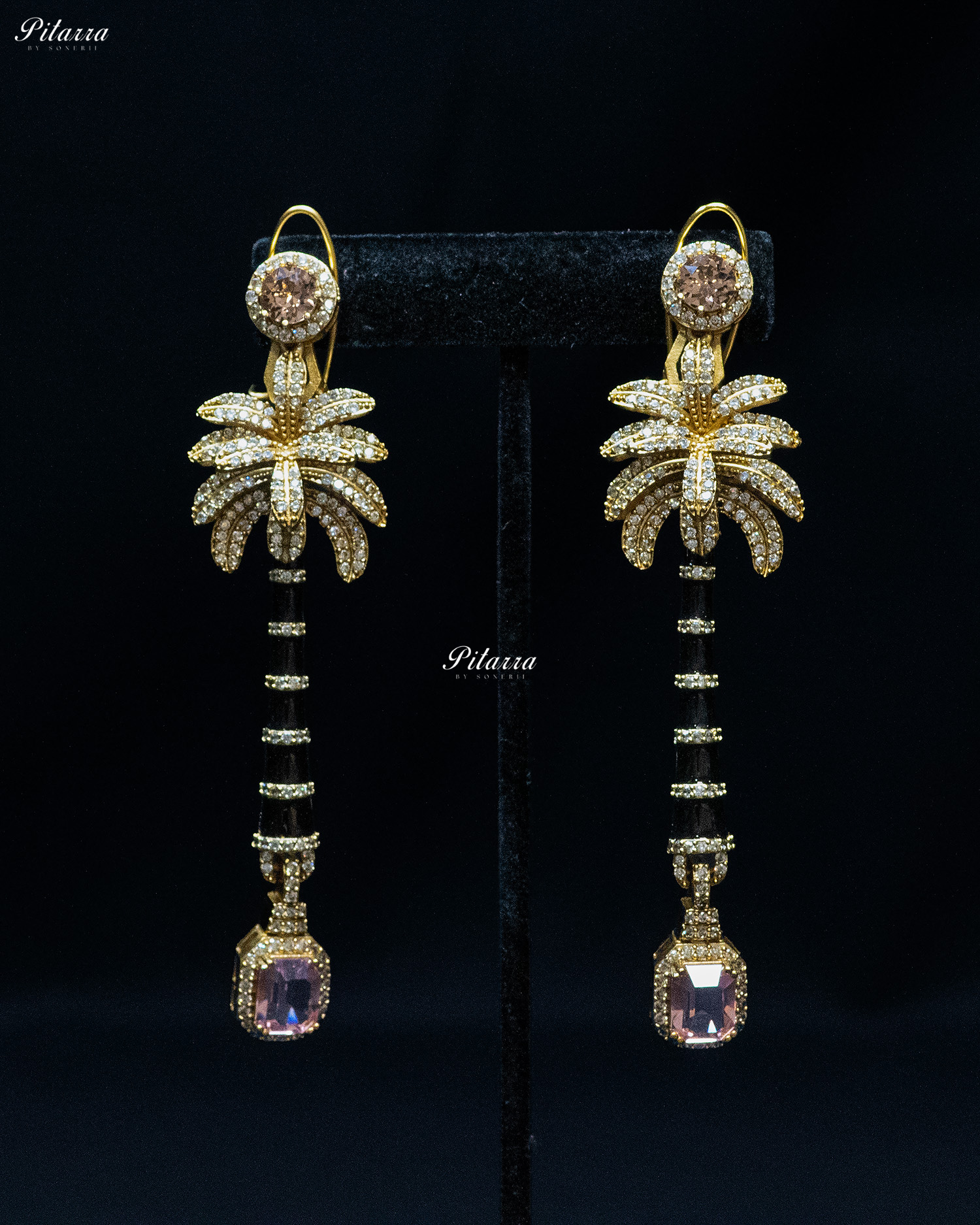 Golden and Baby Pink Stone Palm Tree Crystal Earrings