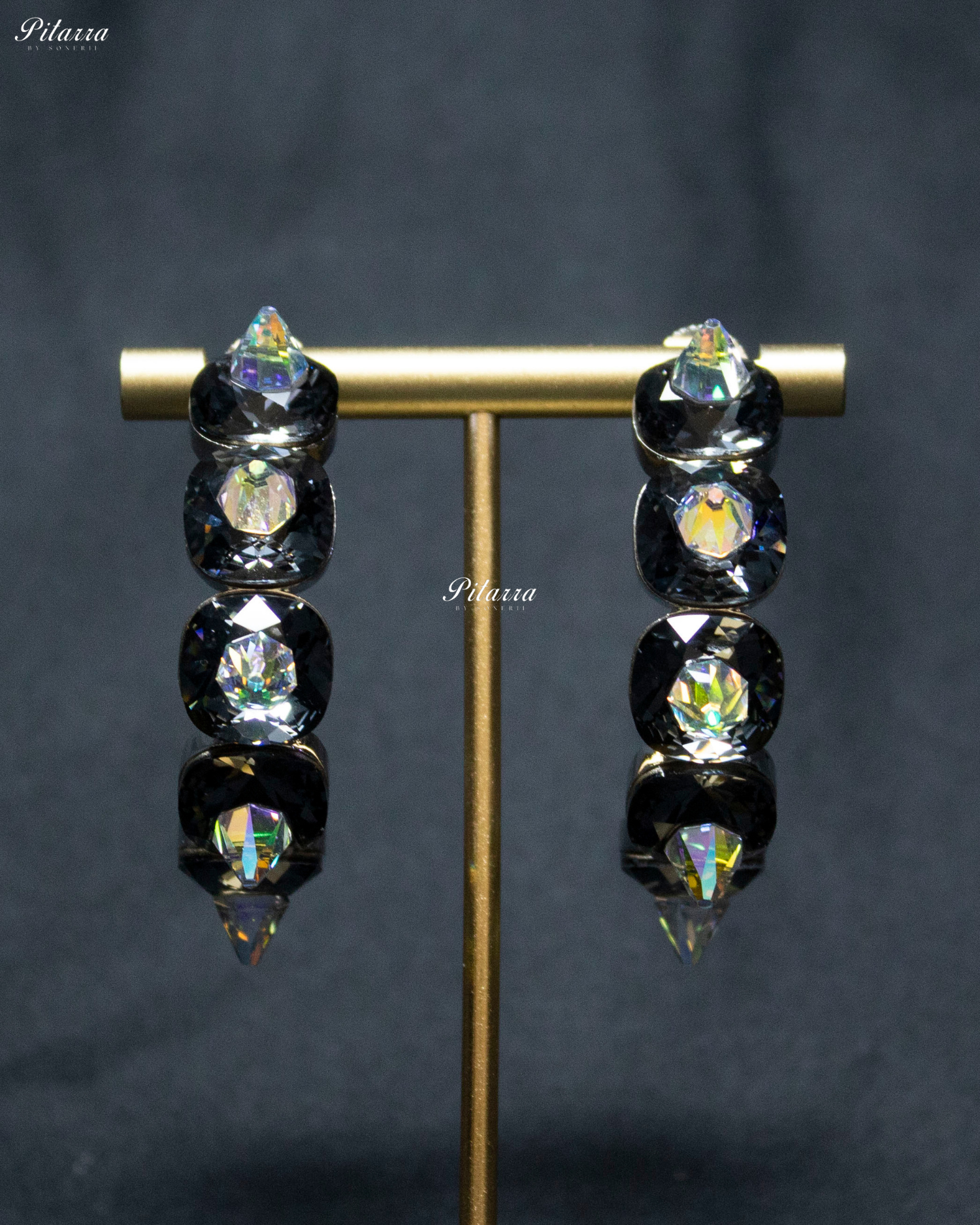 Black Stone Pyramid Cut Crystal Hoop Earrings