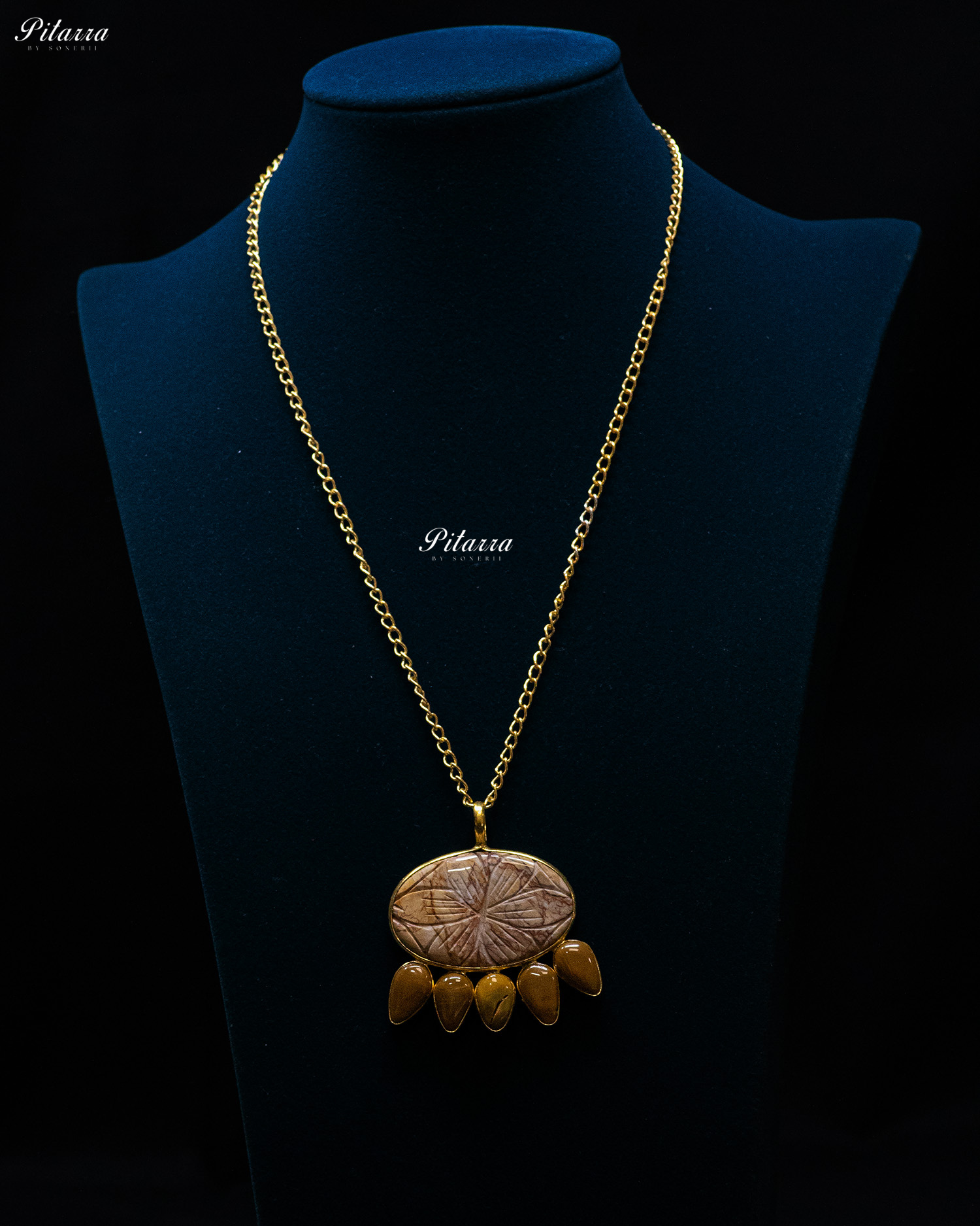 Flower Carved Brown Raw Stone Yellow Drop Pendant