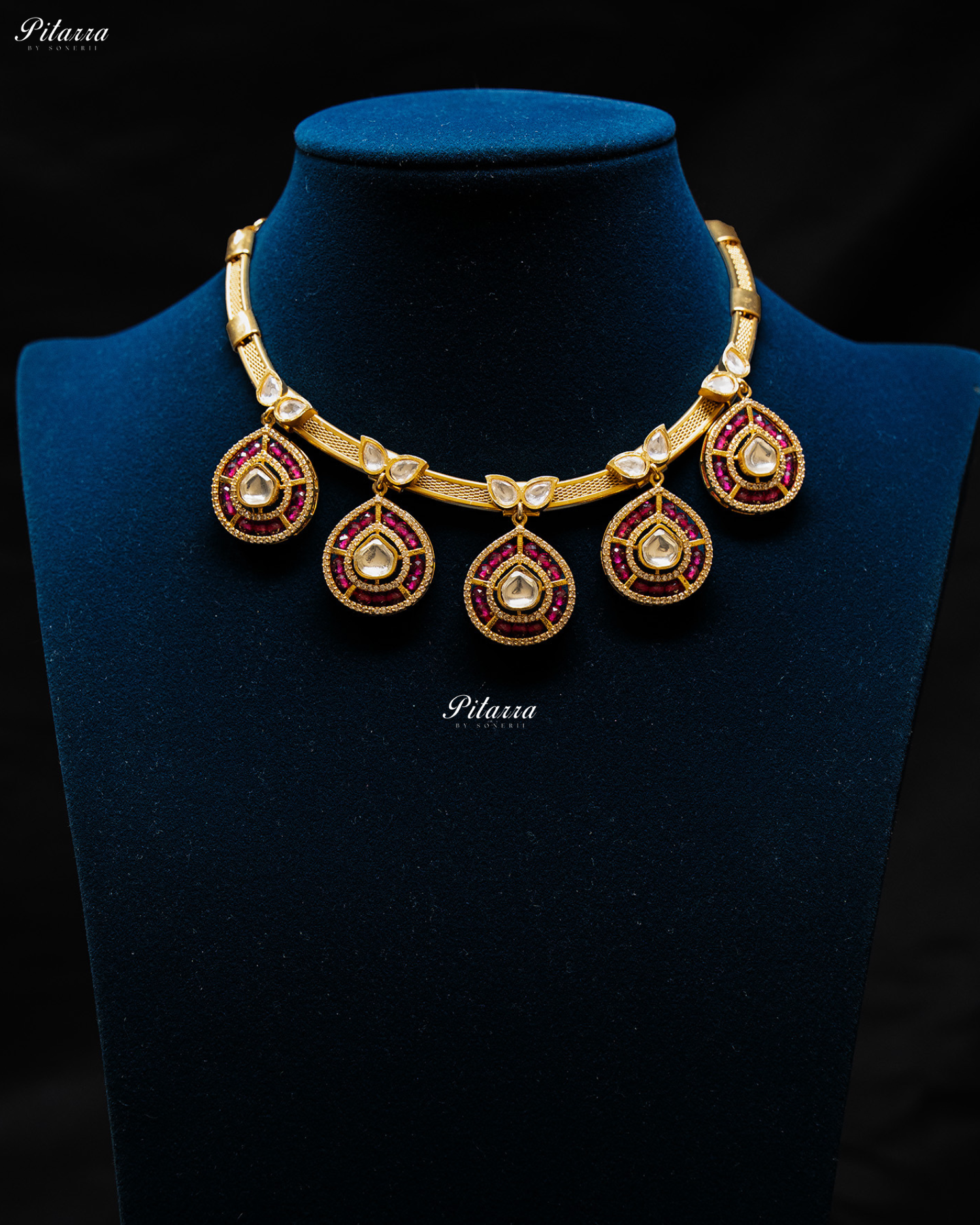 Pink Crystals Teardrop Gold Plated Kundan Necklace Set