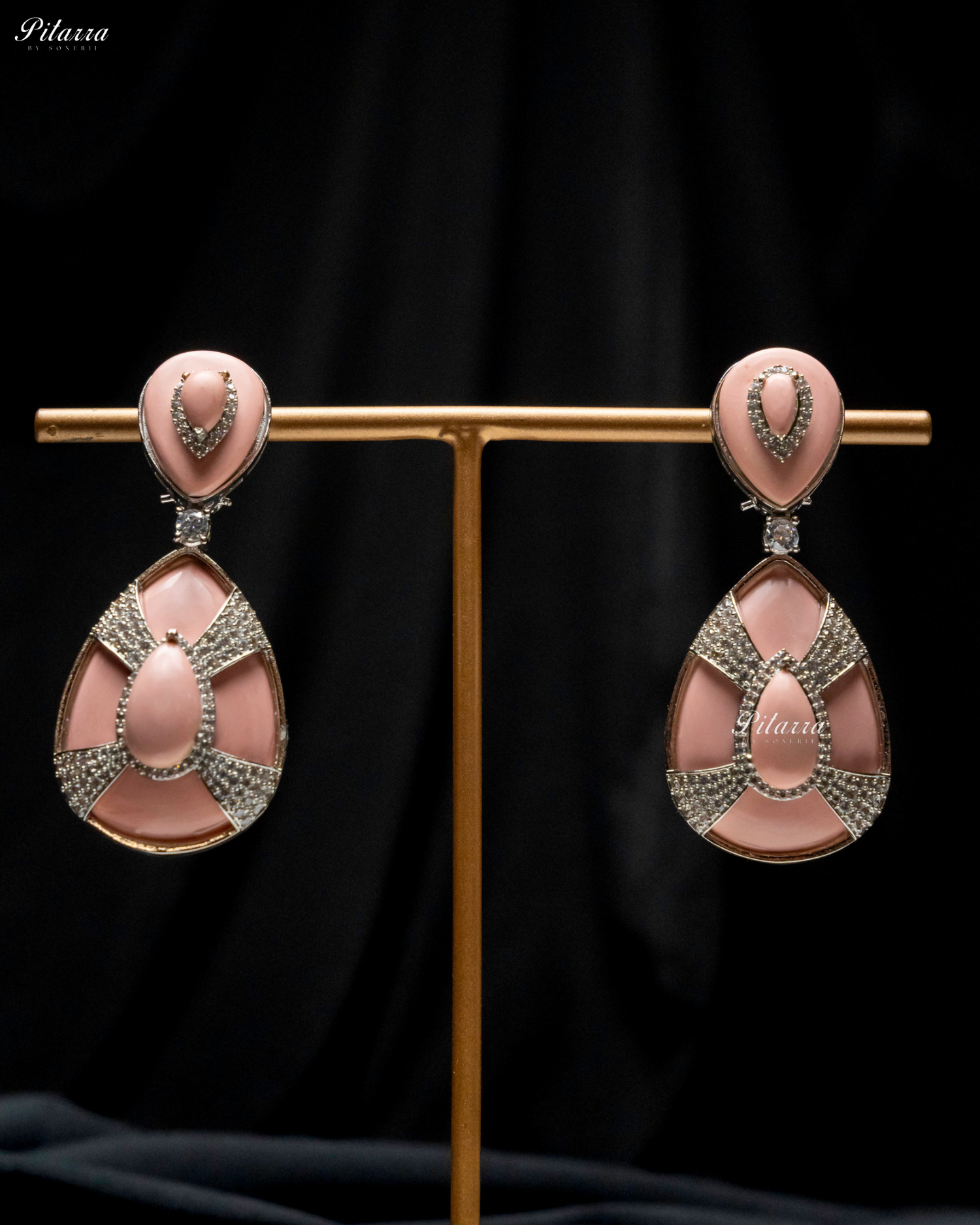 Peach Stone Peach Drop Silver Line Crystal Dangler Earrings