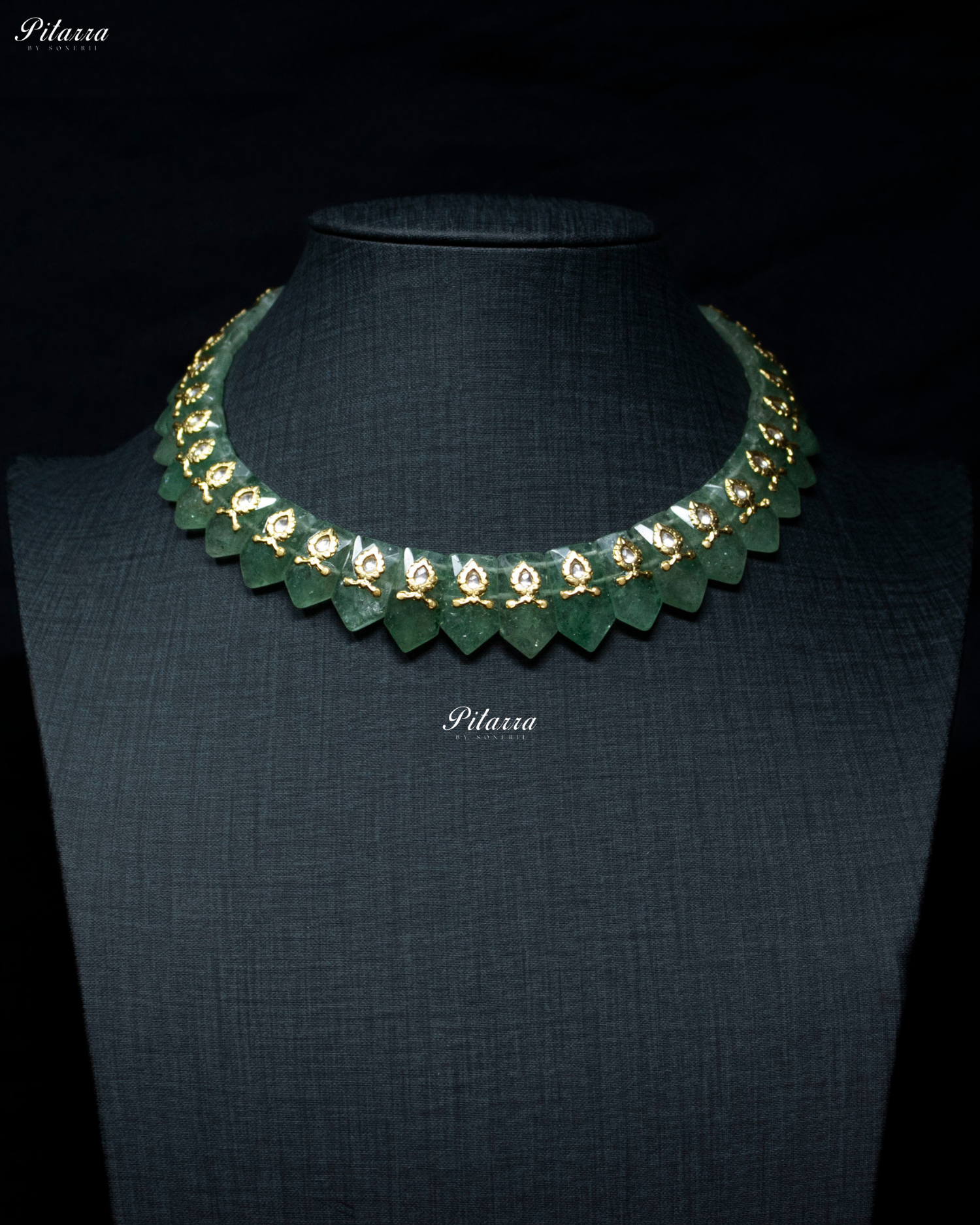 Green Stone Golden Work 92.5 Silver Necklace