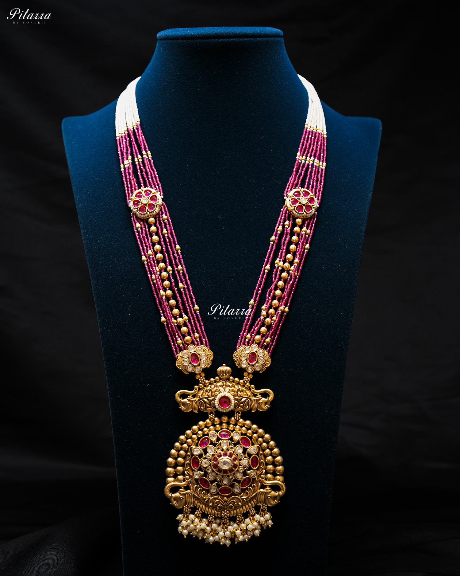 Pink Stone Pink Beads Rajwadi Kundan Necklace Set