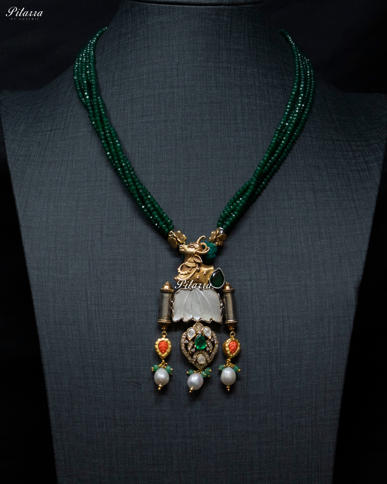 Cow Motifs Emerald Beads 92.5 Silver Necklace