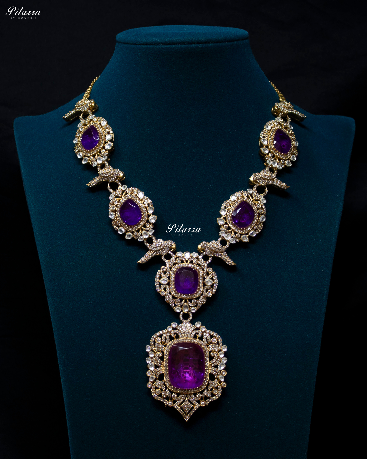 Purple Stone Bird Victorian Polki Necklace Set