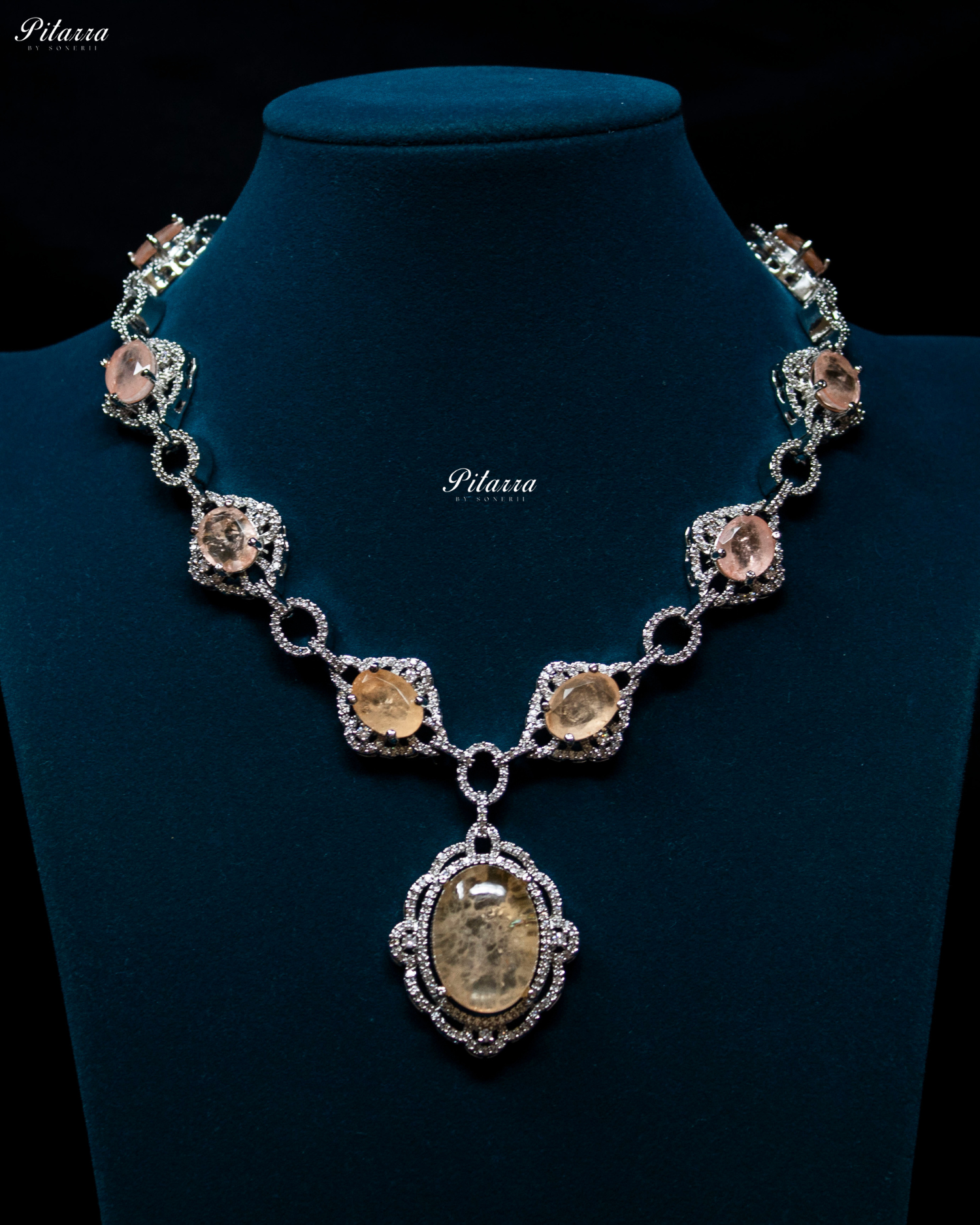 Peach Stone Silver Finish Tone Crystal Necklace Set