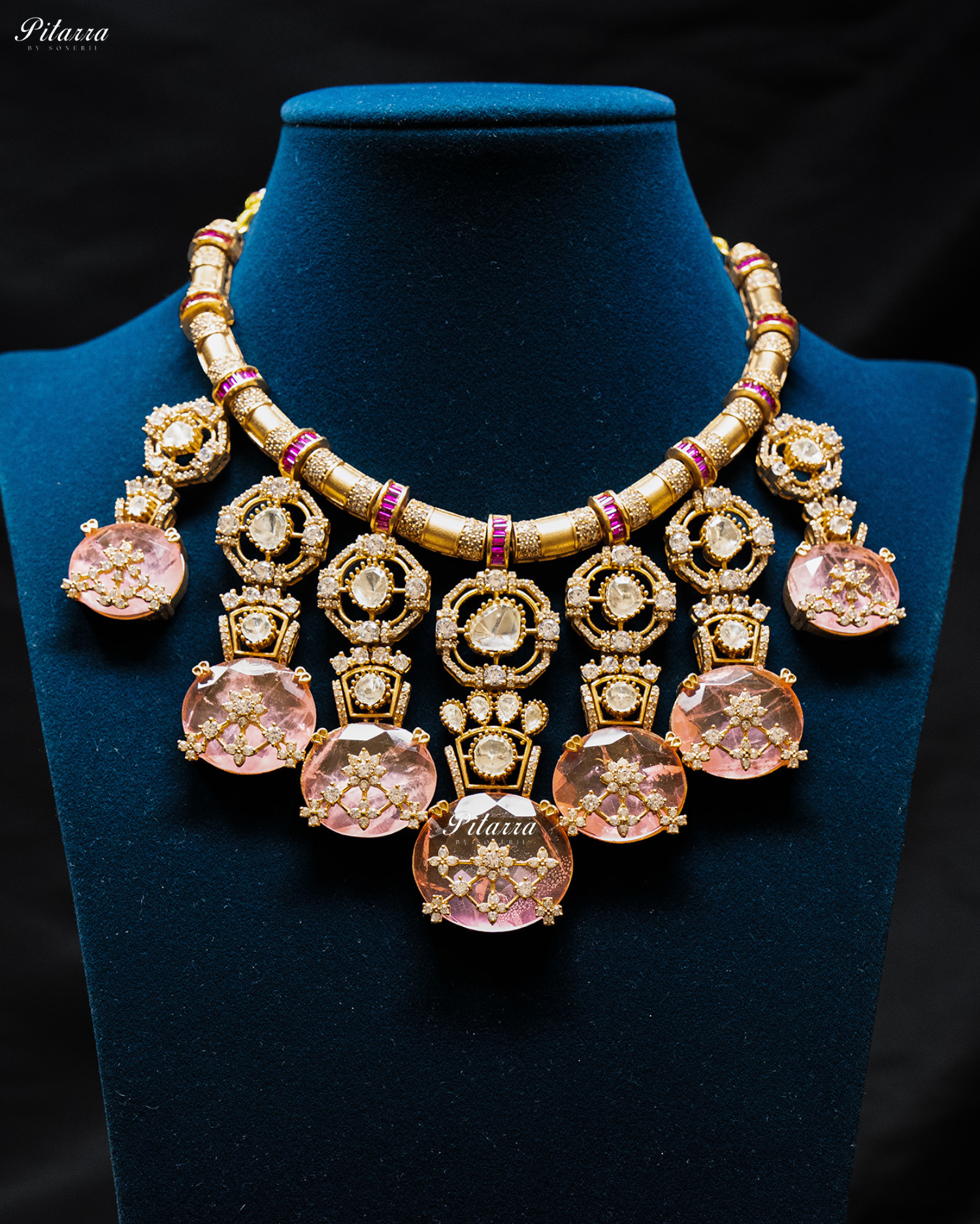Peach Big Stone Victorian Polki Kundan Necklace Set