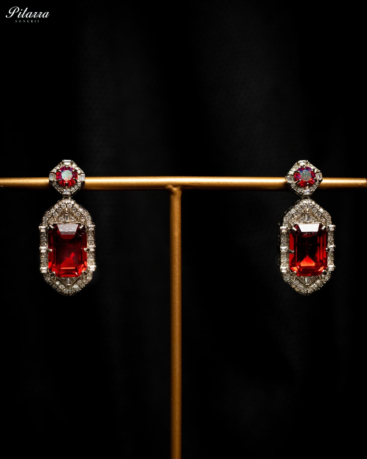 Red Emerald Cut Diamond Halo Statement Drop Earrings