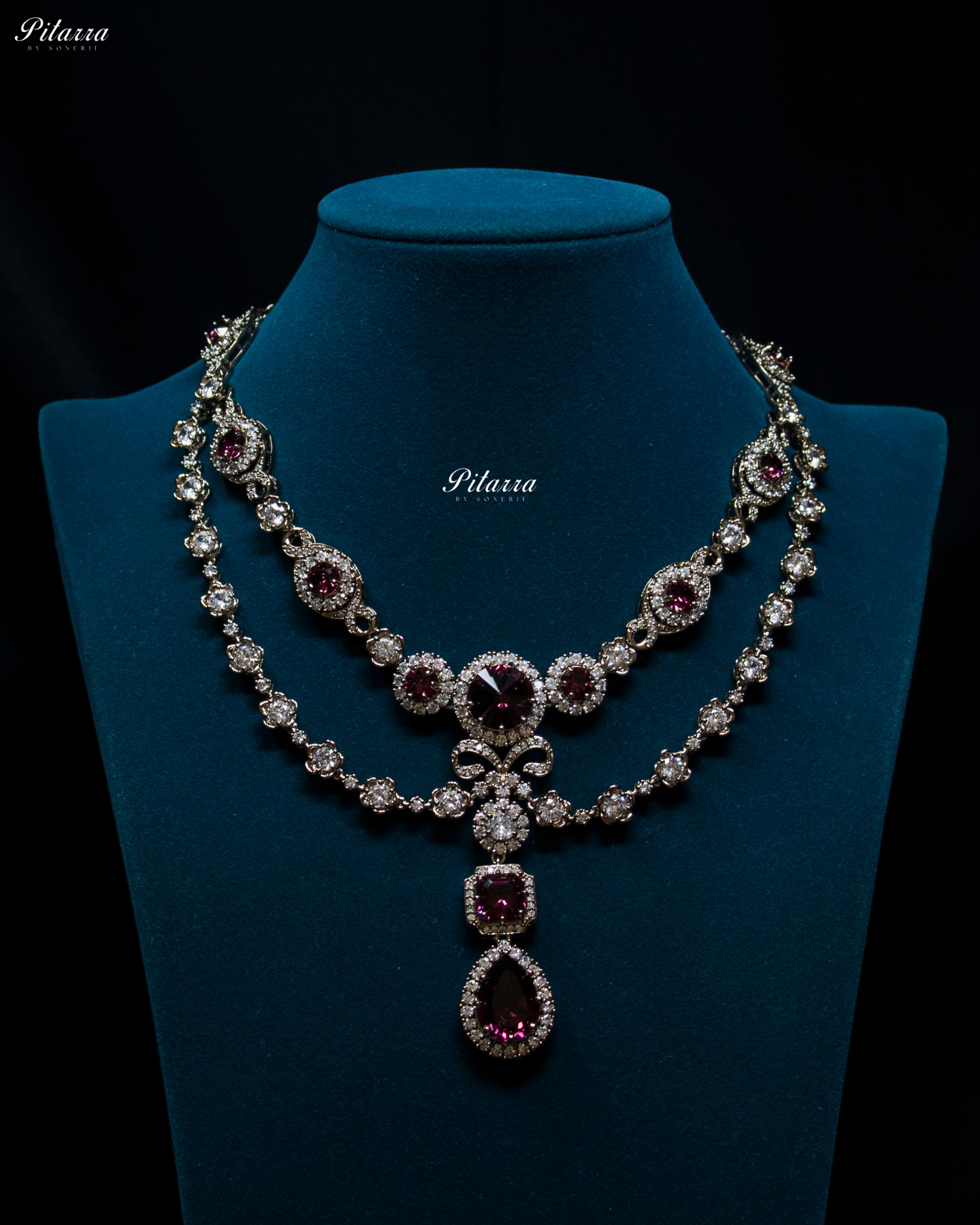 Amethyst Two Layer Antique Silver finish CZ Rhodium polish Necklace Set