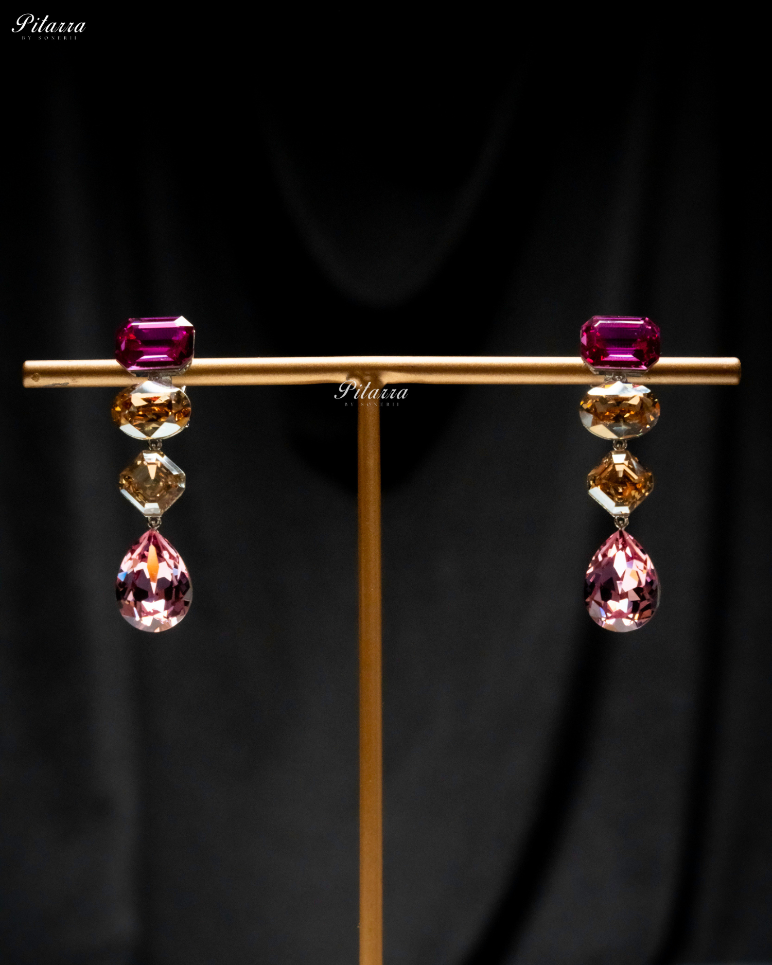 Pink Yellow Stone Studded Geometric Crystal Drop Earrings