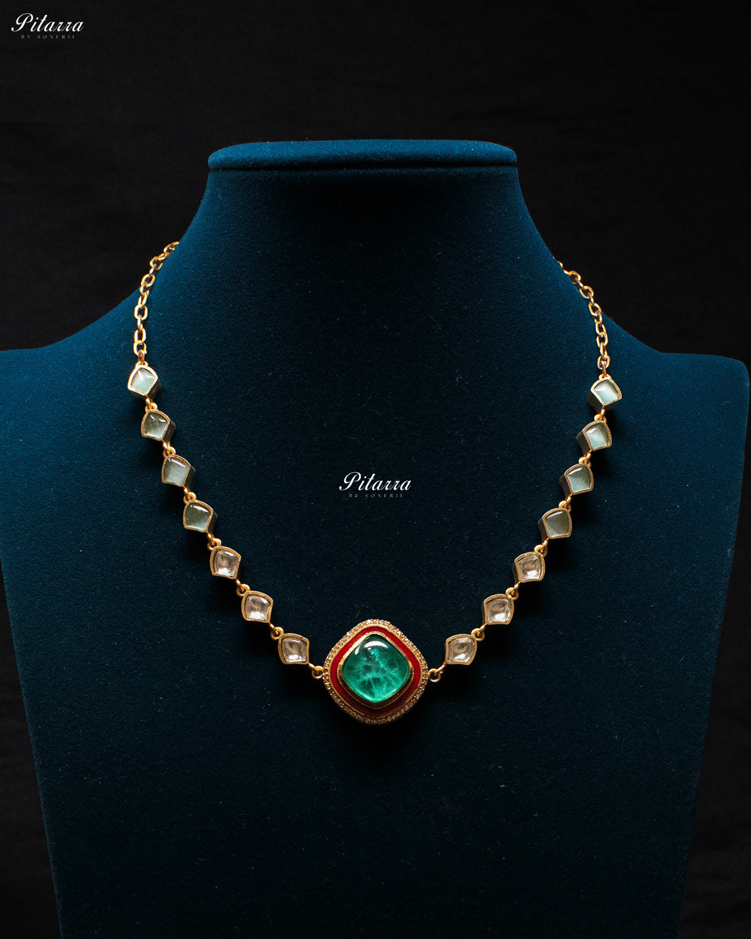 Gold Plated Green Stone Detailing Kundan Necklace Set