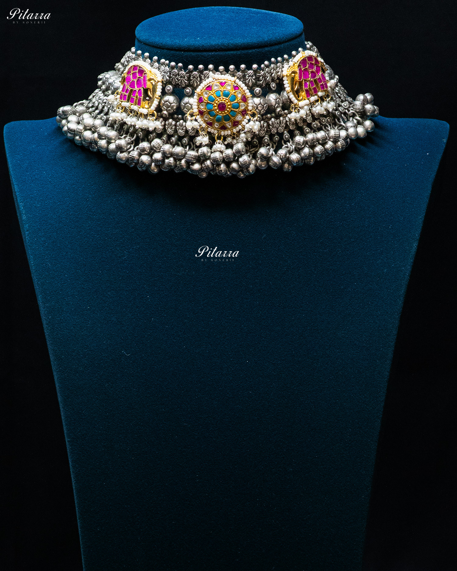 Turquoise Flora Pink Elephant Fish Ghunghroo Silver Look Alike Choker Set