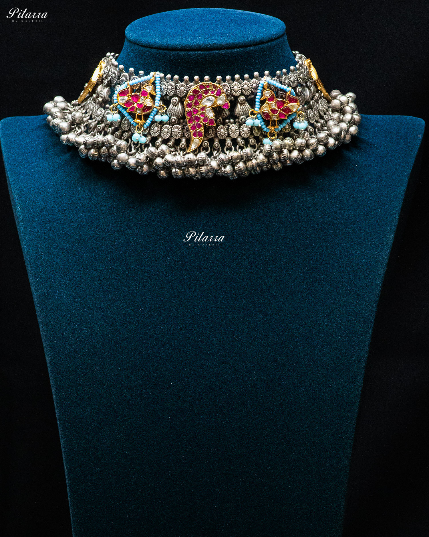 Pink Peacock Pink Bird Ghunghroo Silver Look Alike Choker Set