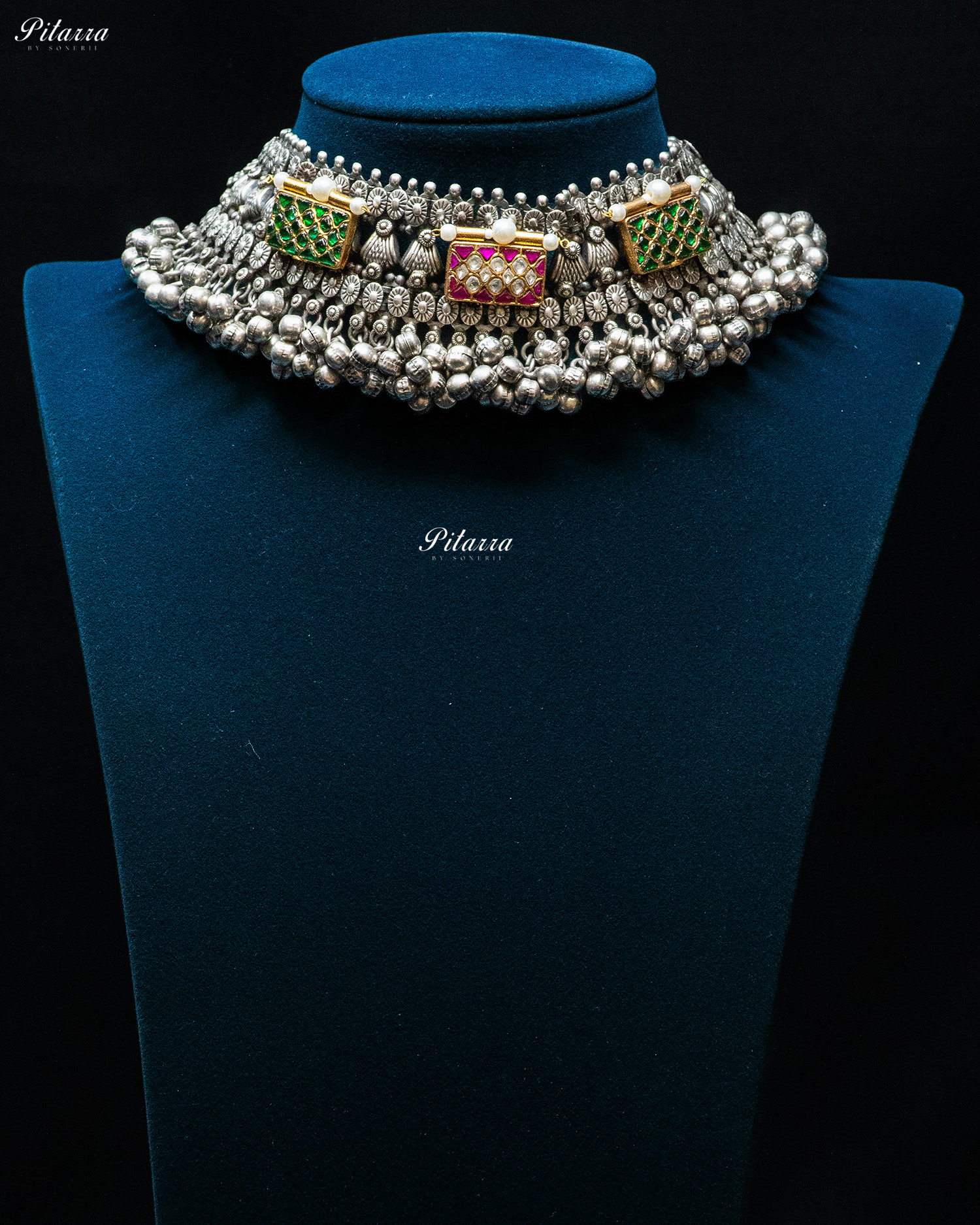 Green Pink Antique Box Ghunghroo Silver Look Alike Choker Set