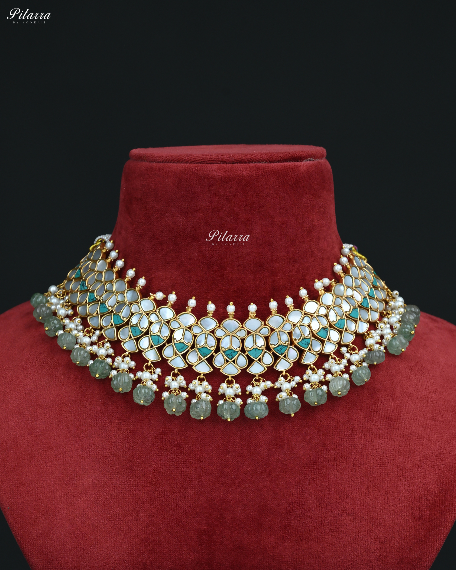 Green Beads Turquoise Blue Line Traditional Kundan Choker Set