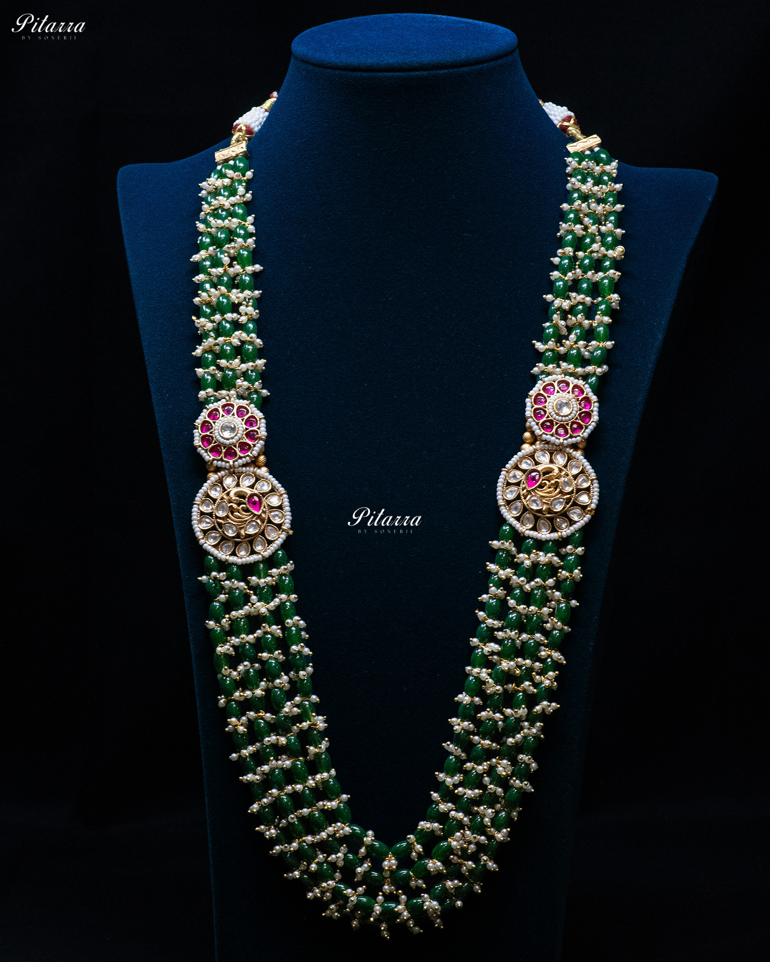 Golden Peacock Motifs Multi Strand Green Bead Necklace Set