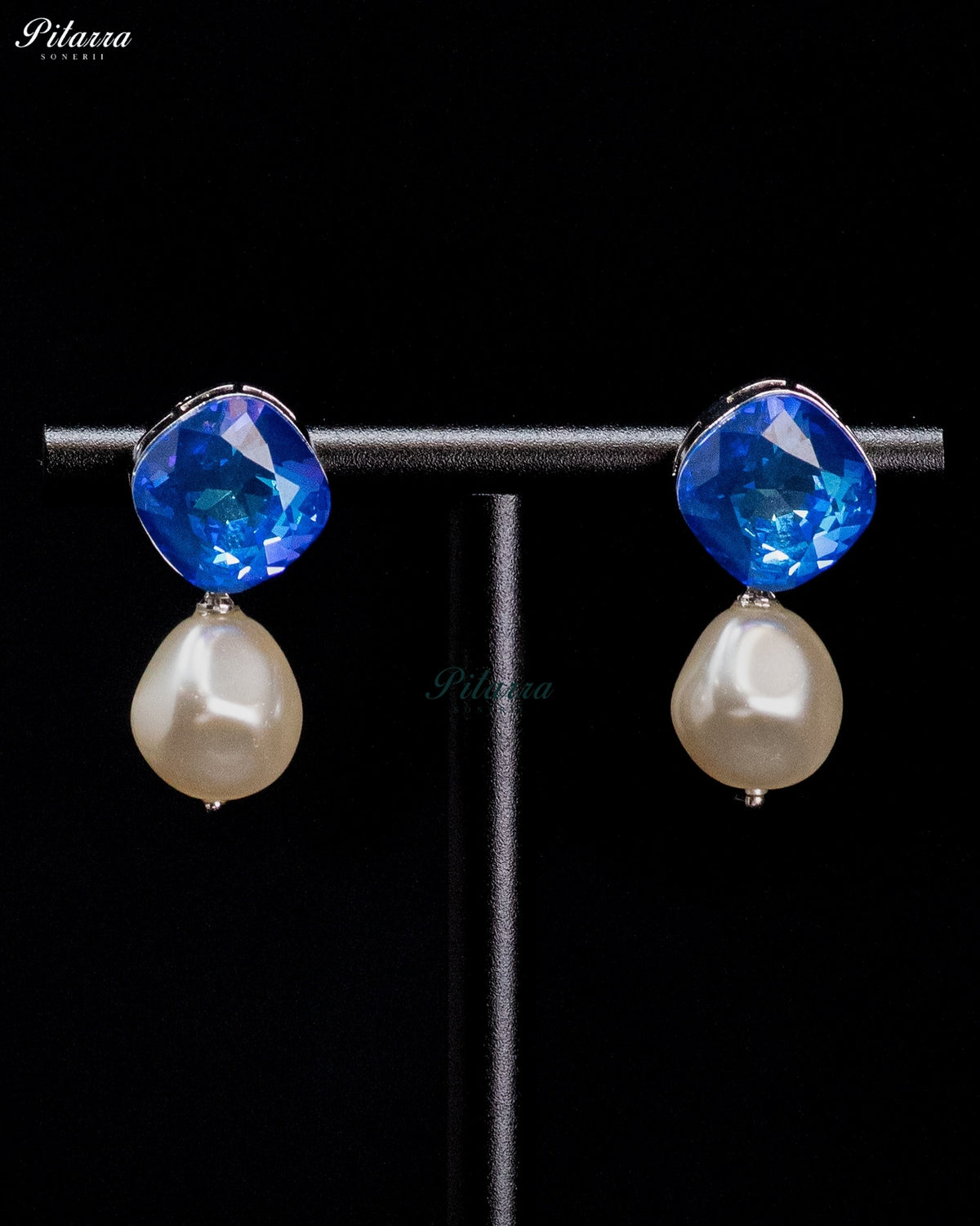 Azure Blue Crystal Pearl Drop Earrings