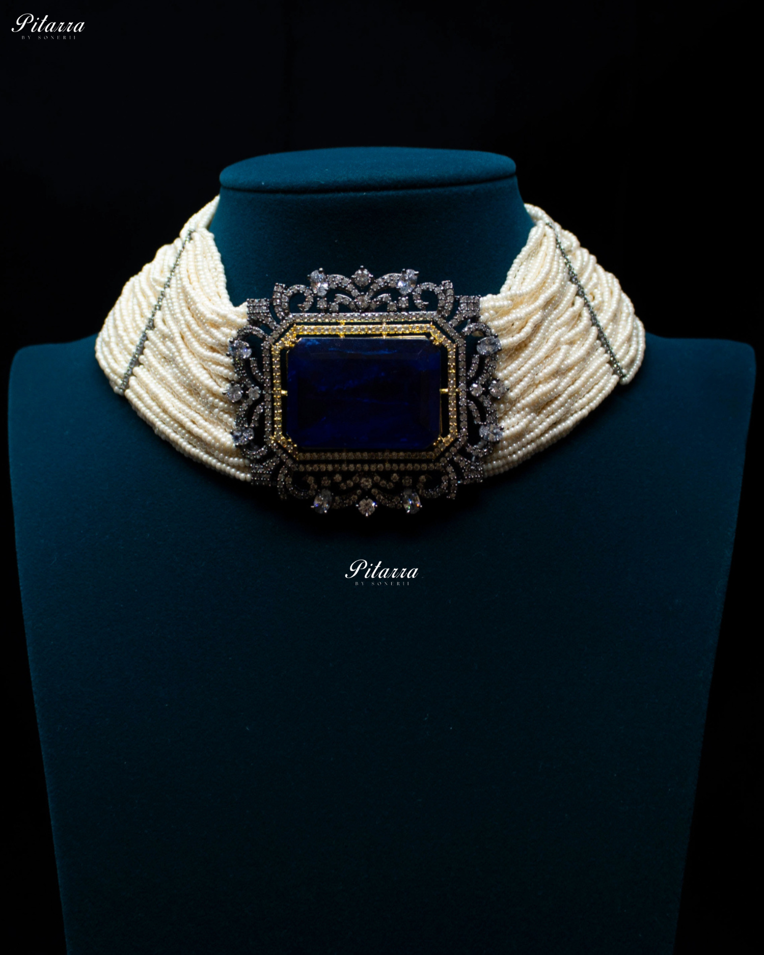 Navy Blue Stone Doublet Pearl Choker Set