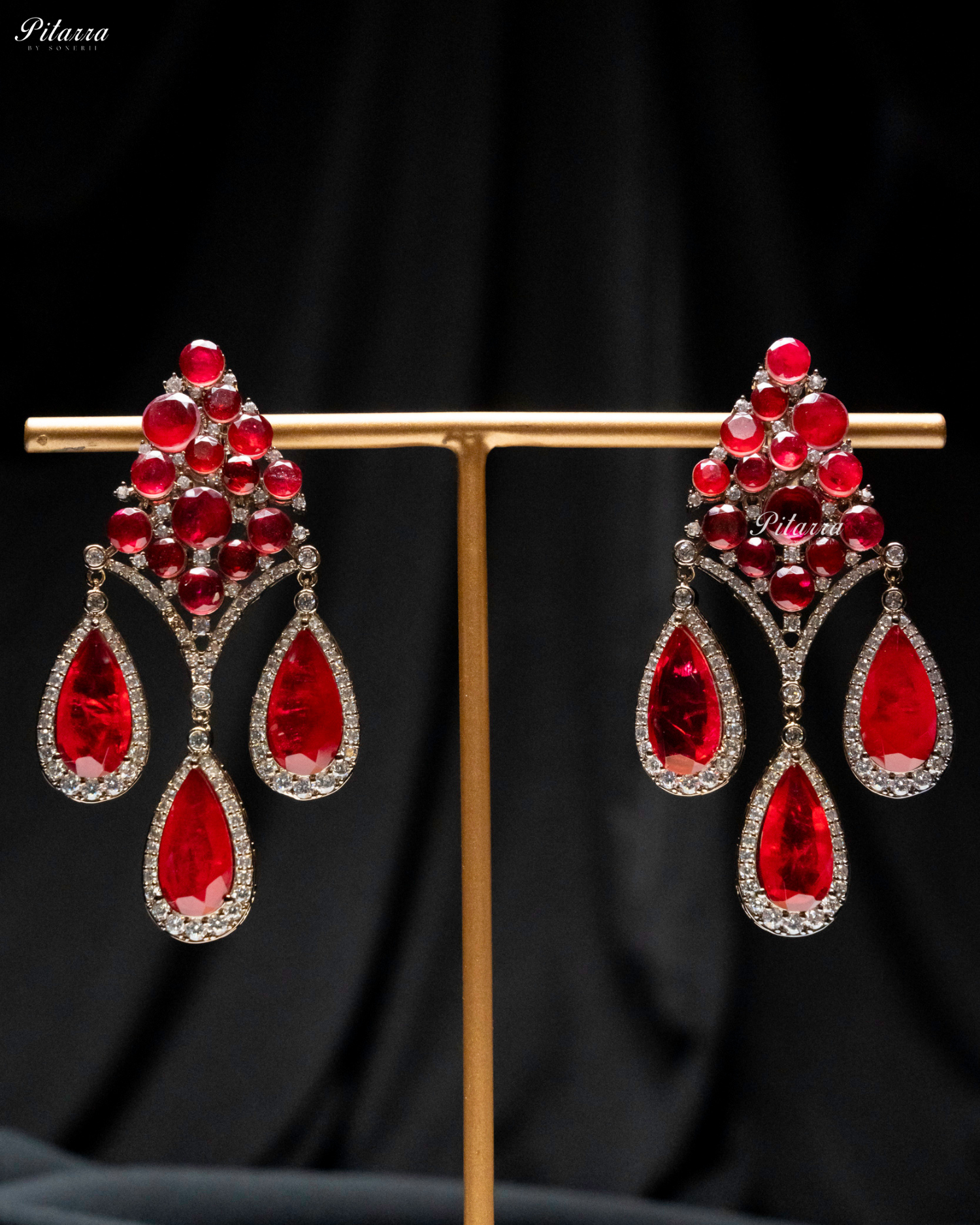 Red Stone Three Teardrop CZ Doublet Dangler Earrings