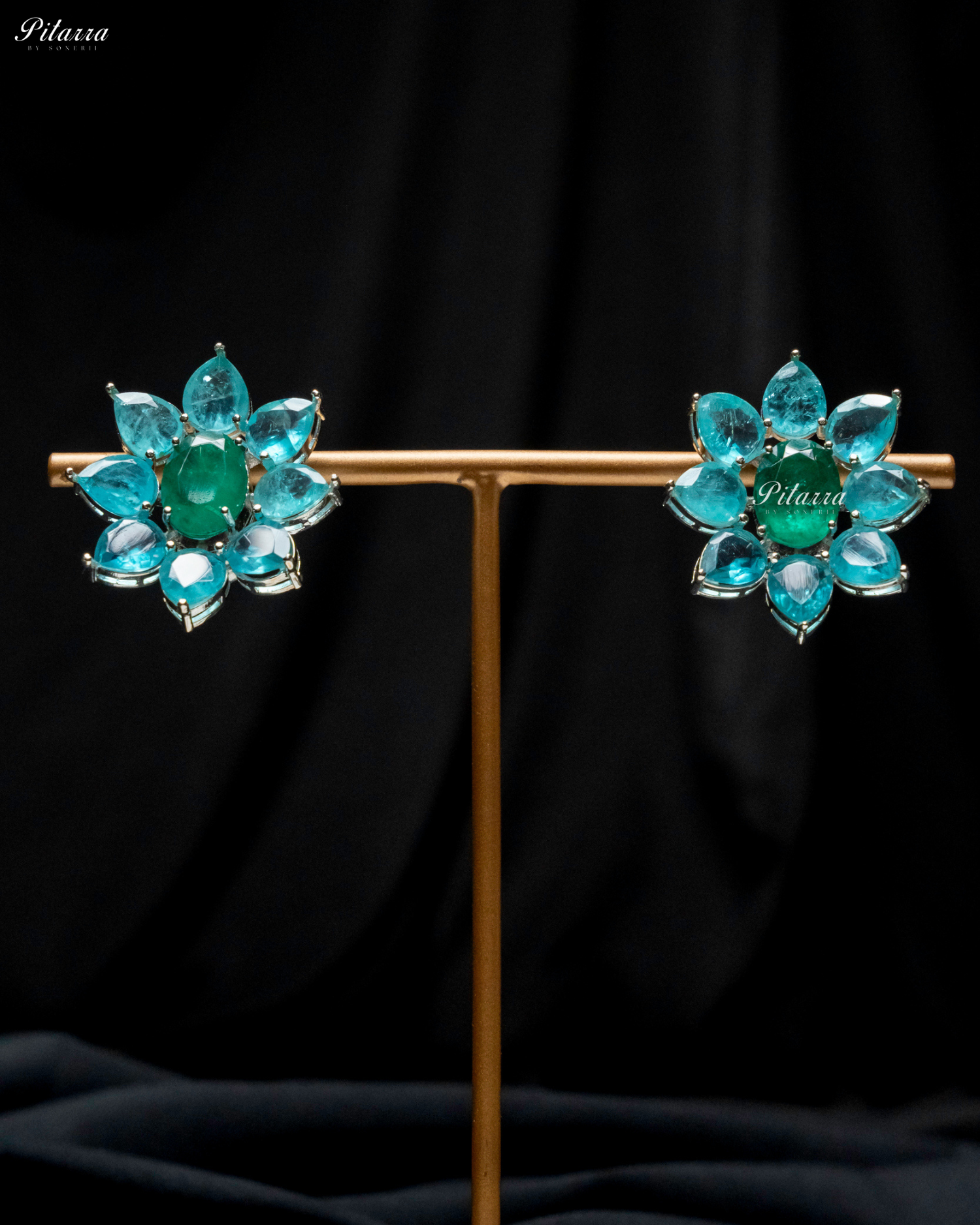 Green Floral Turquoise Petals CZ Doublet Stud Earrings