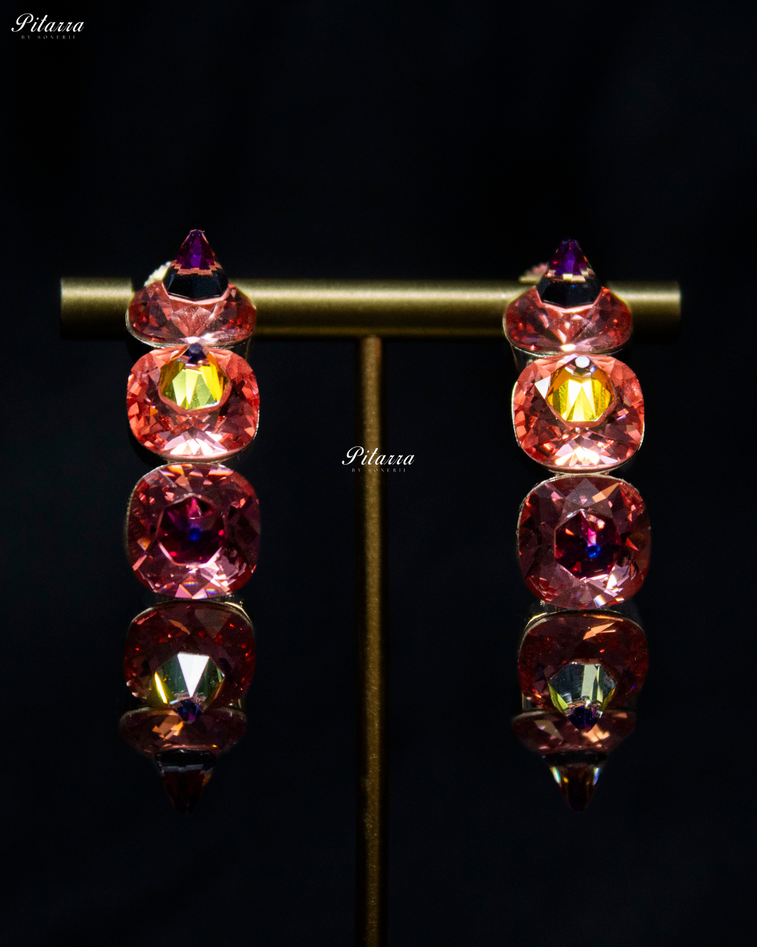 Peach Pink Stone Pyramid Cut Crystal Hoop Earrings